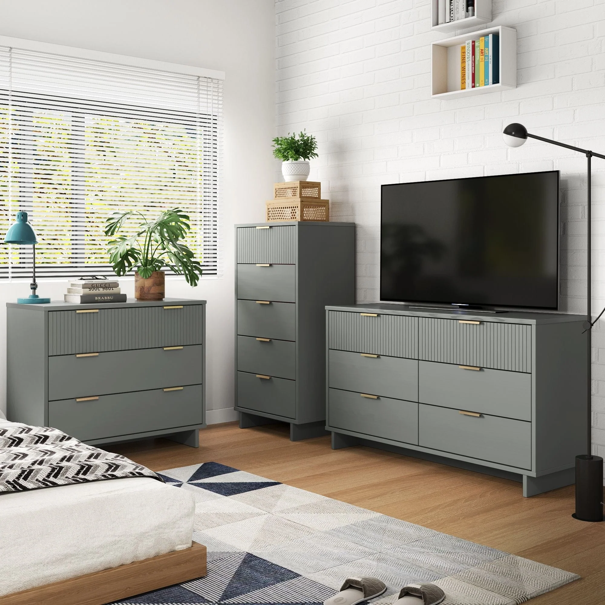 Granville 3-Piece Tall Narrow Chest, Double Dresser Set and Standard Dresser Set in Light Grey - Image 2