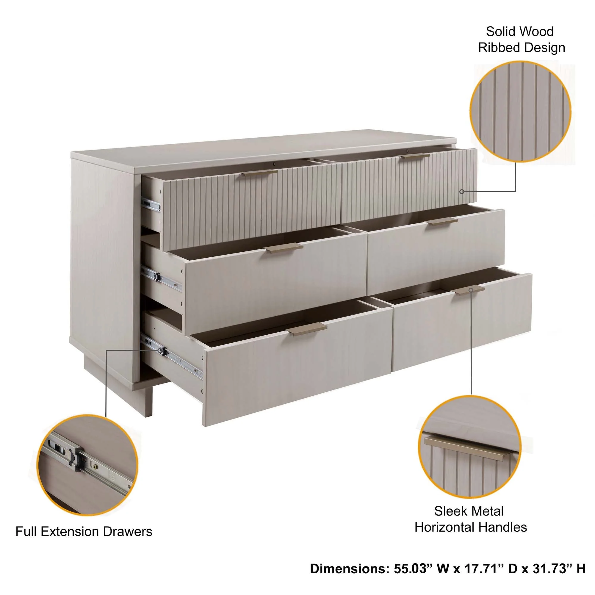 Granville 3-Piece Tall Narrow Chest, Double Dresser Set and Standard Dresser Set in Light Grey - Image 8