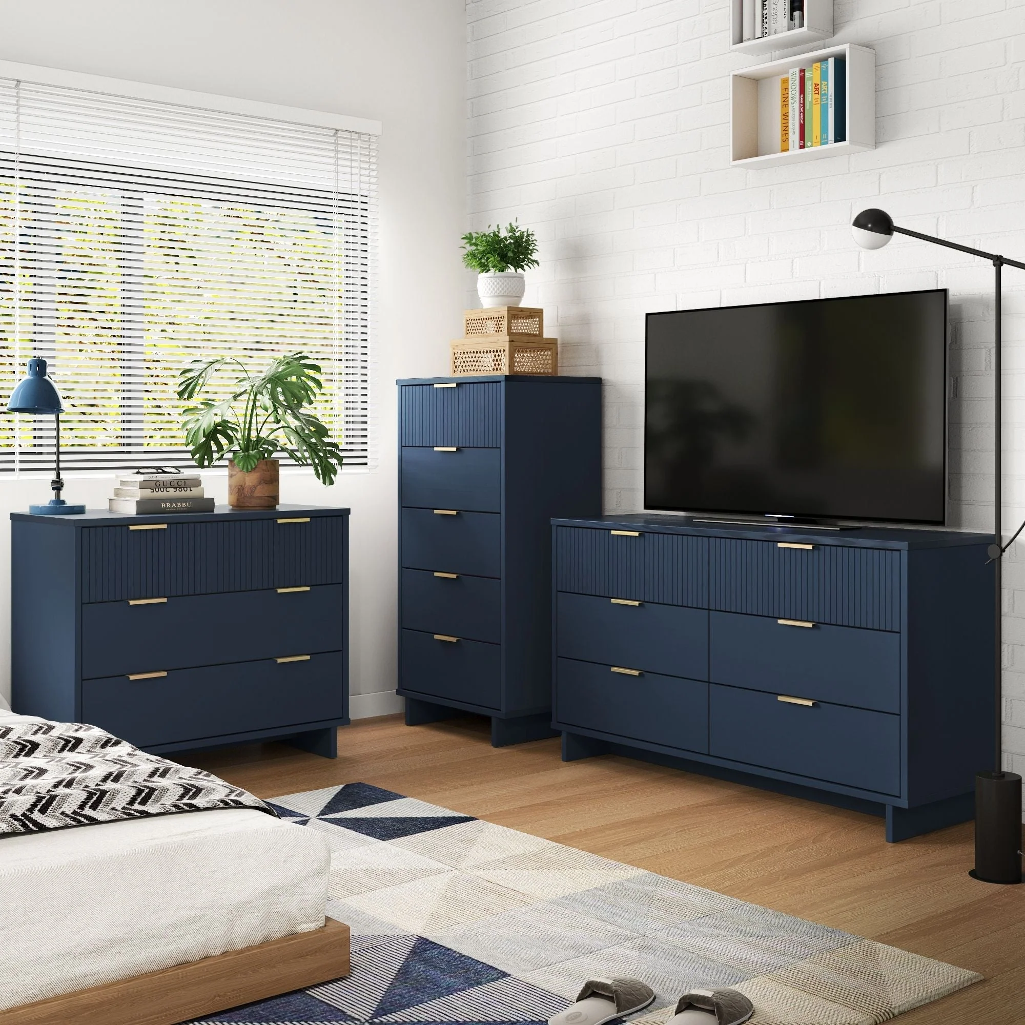 Granville 3-Piece Tall Narrow Chest, Double Dresser Set and Standard Dresser Set in Midnight Blue - Image 2