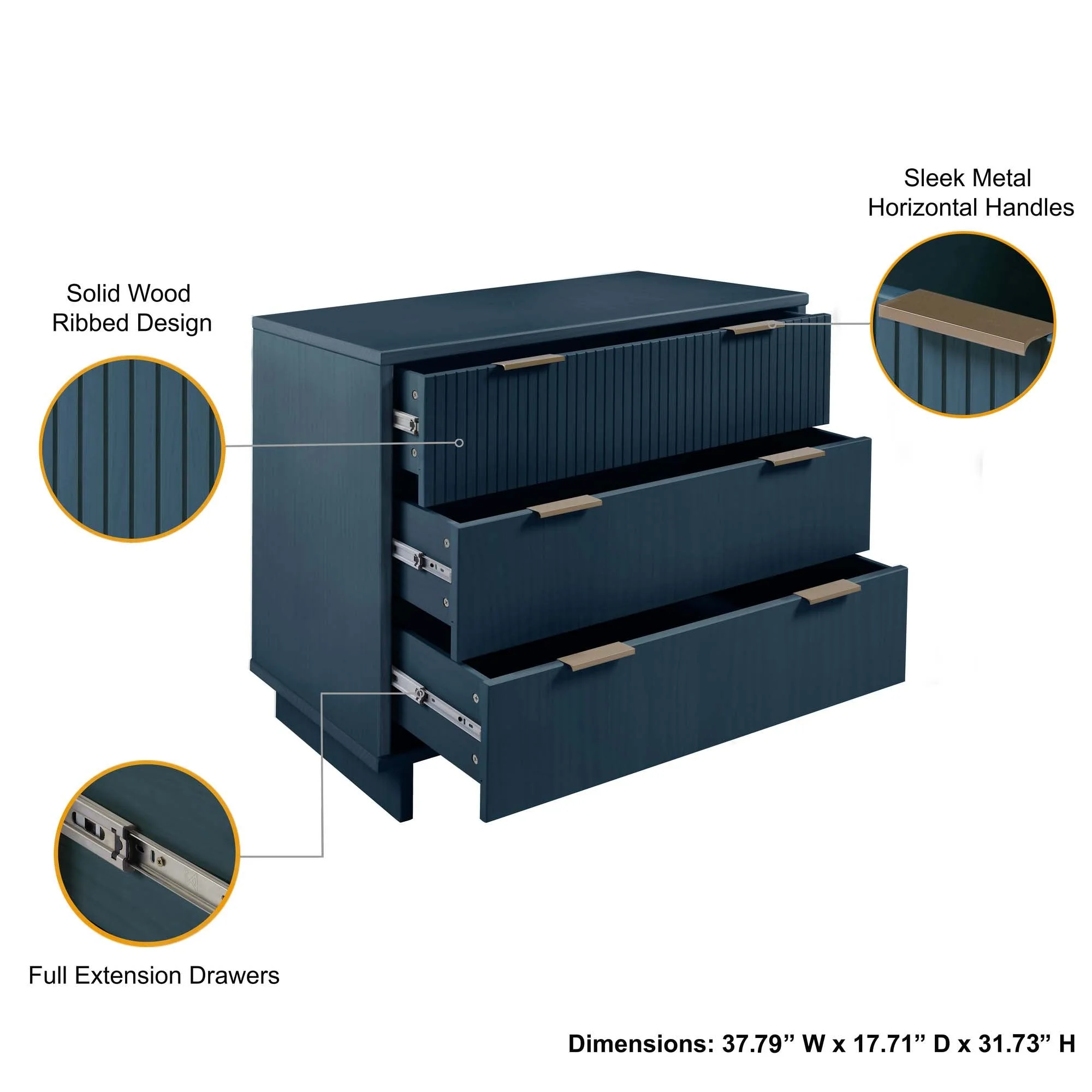 Granville 3-Piece Tall Narrow Chest, Double Dresser Set and Standard Dresser Set in Midnight Blue - Image 7