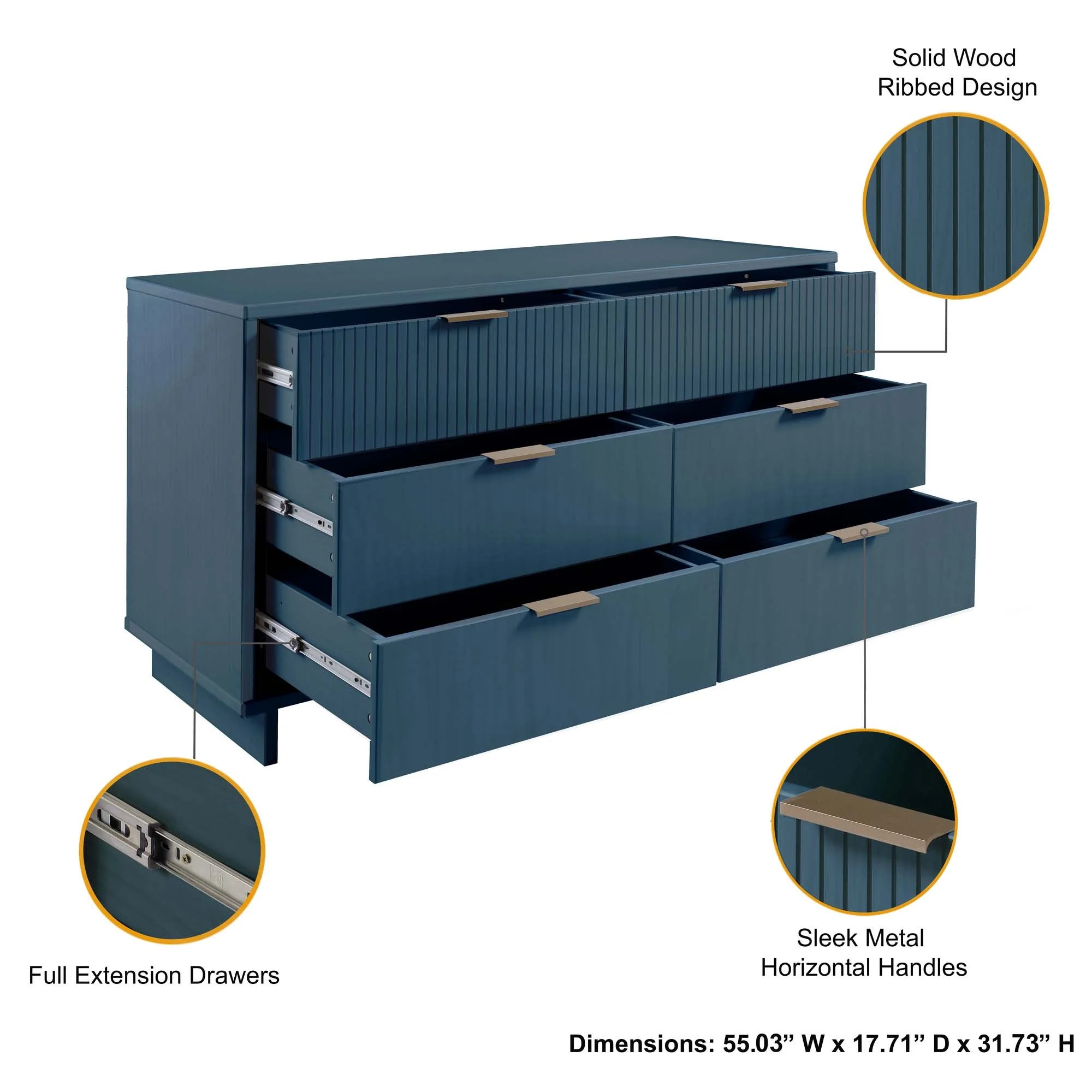 Granville 3-Piece Tall Narrow Chest, Double Dresser Set and Standard Dresser Set in Midnight Blue - Image 8