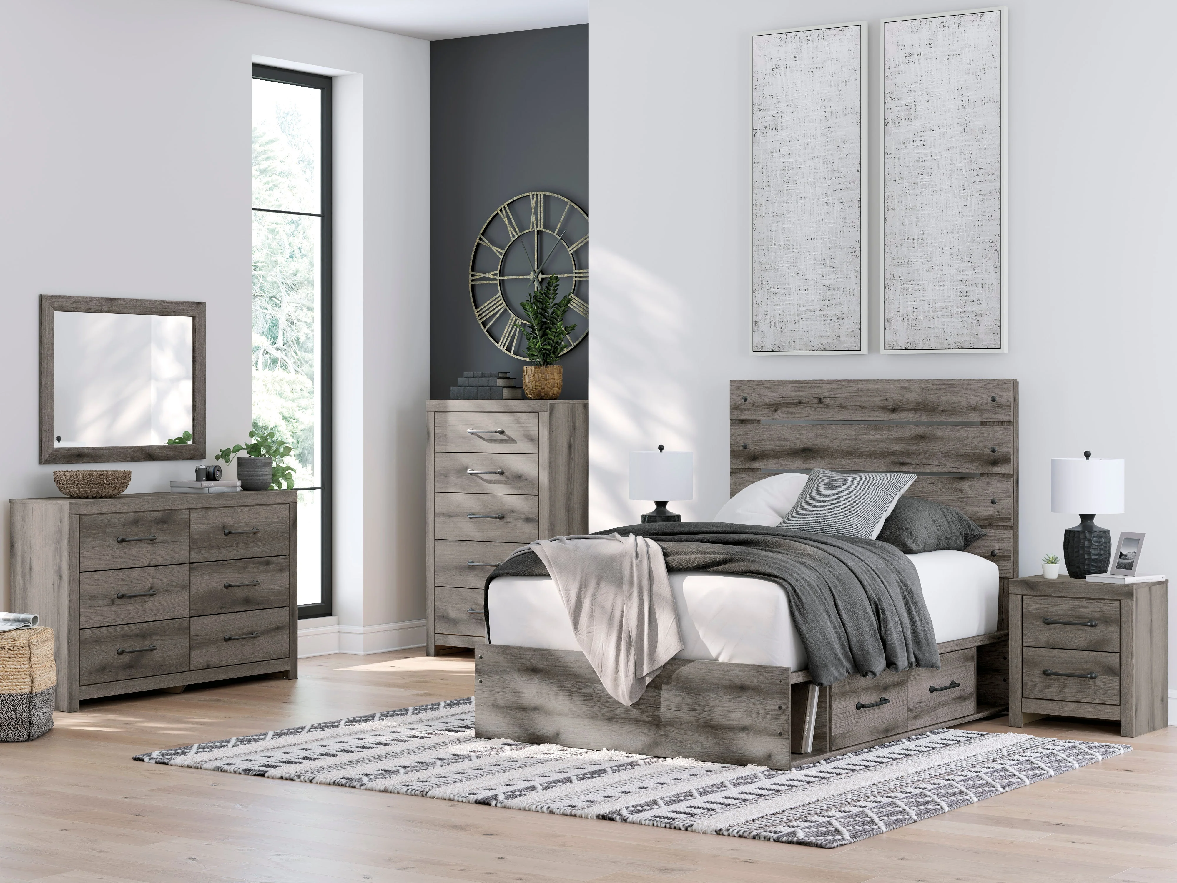 Graystorm Brown Gray Storage Panel Bedroom Set with 4 Side Drawers