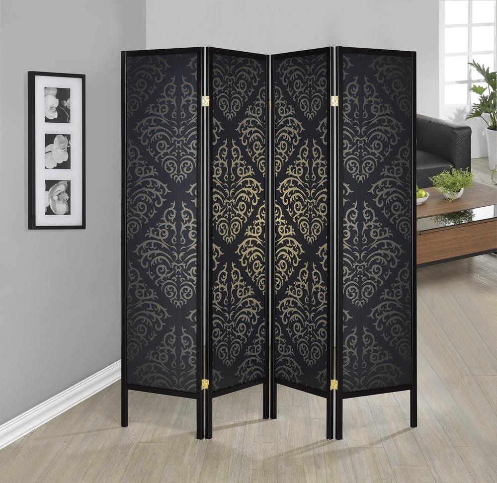 Haidera Black 4-Panel Damask Pattern Folding Screen