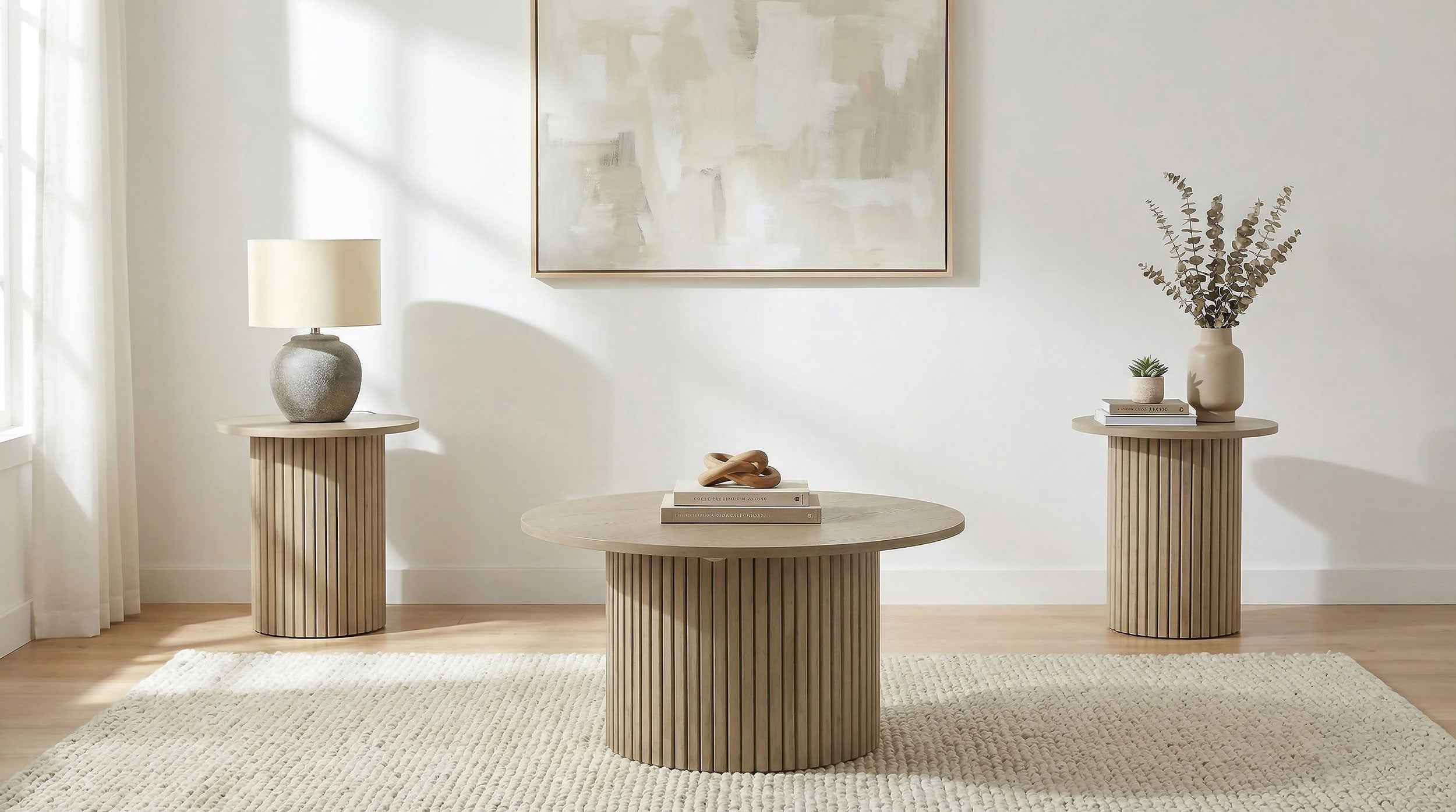 Hamlyn Natural Oak 3-piece Round Fluted Coffee and End Table Set