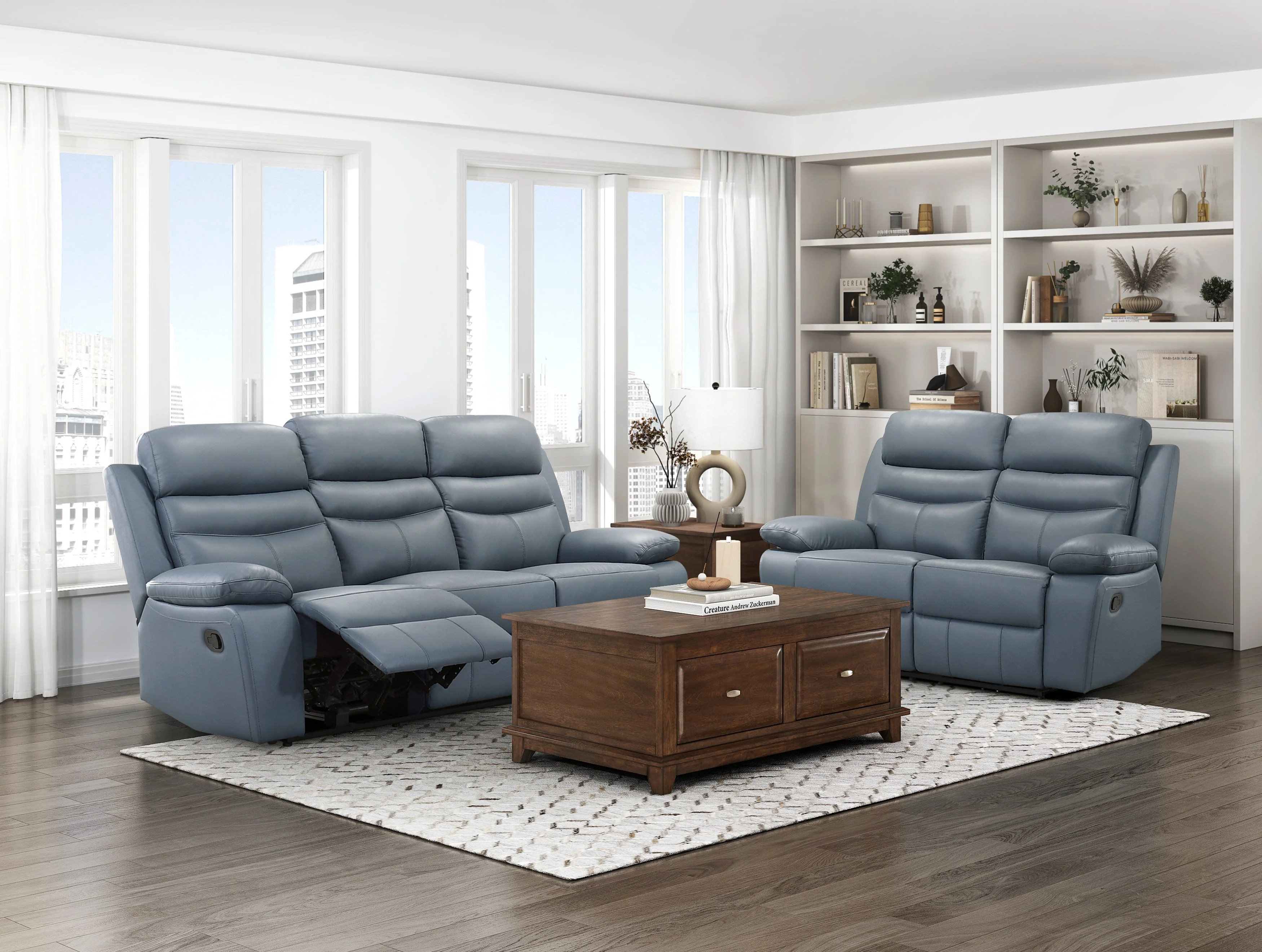 Hancock Blue Leather Double Reclining Sofa - Image 2
