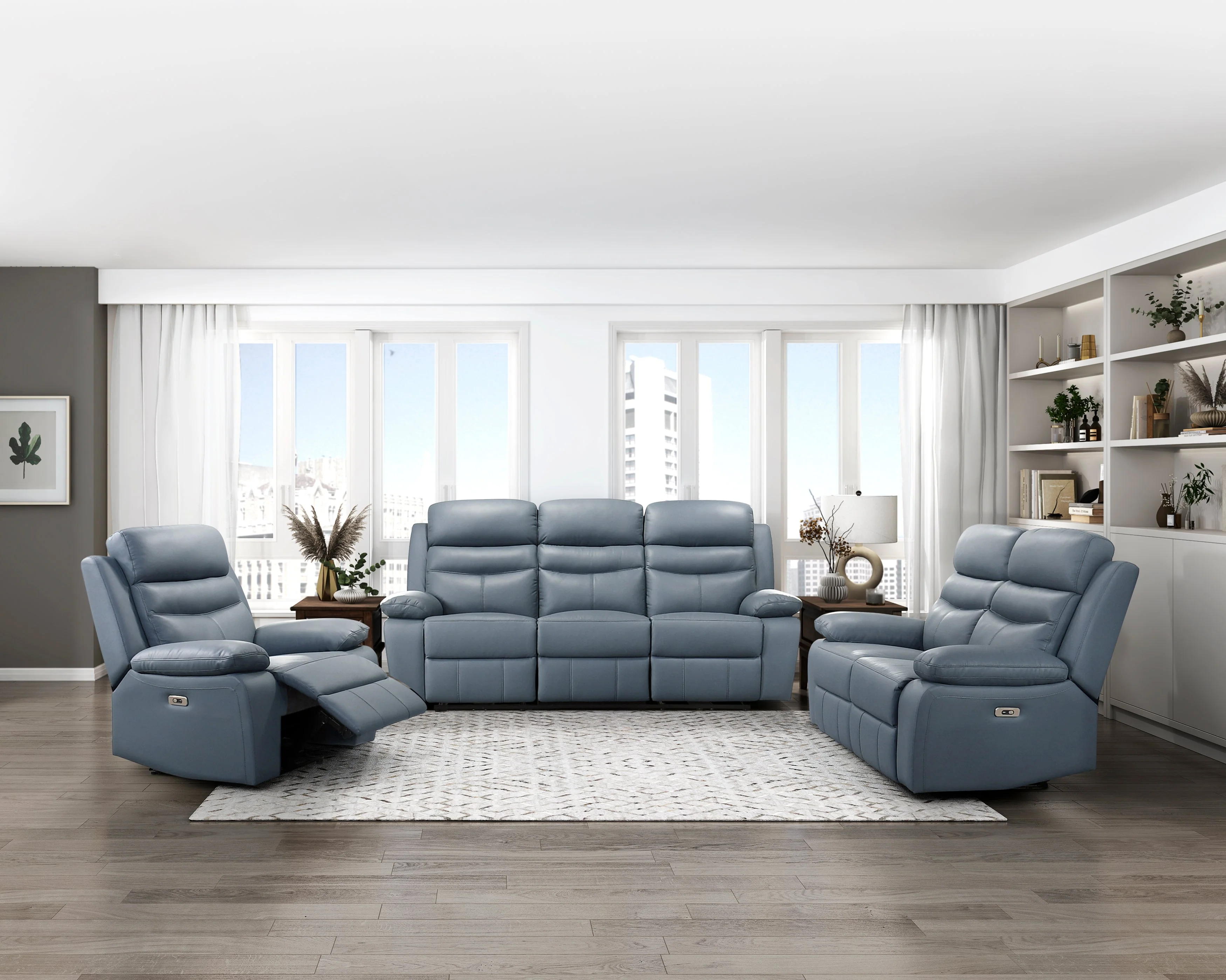 Hancock Blue Leather Power Double Reclining Living Room Set