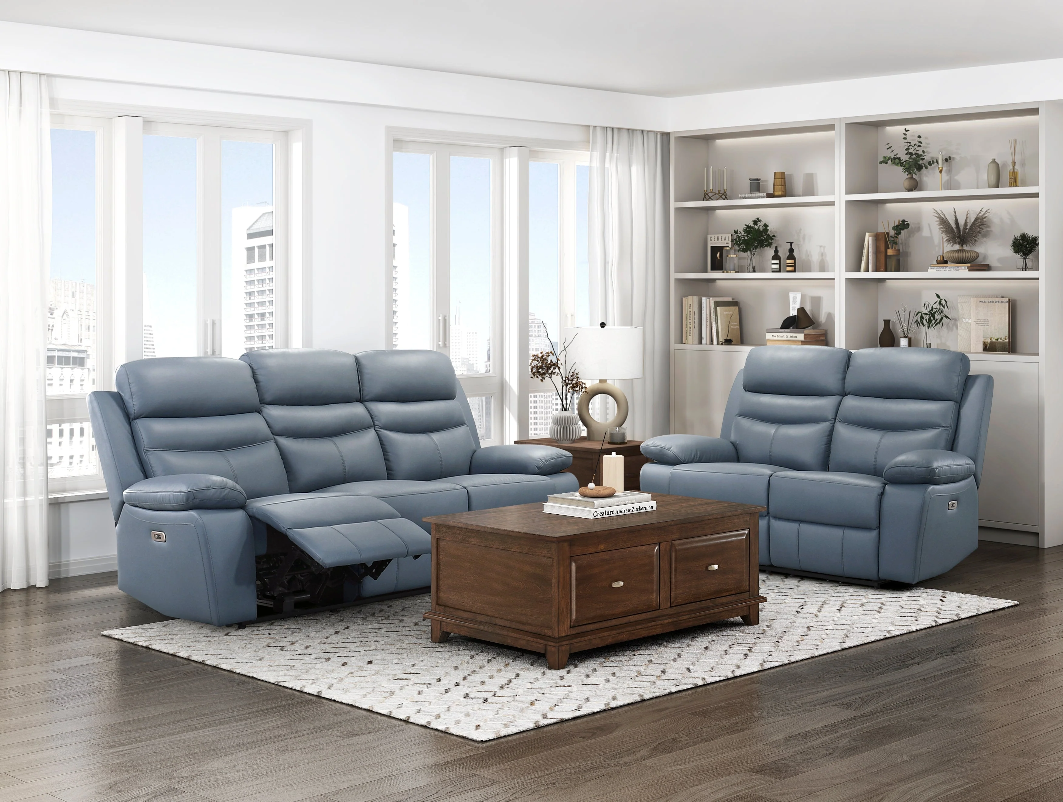 Hancock Blue Leather Power Double Reclining Sofa - Image 2