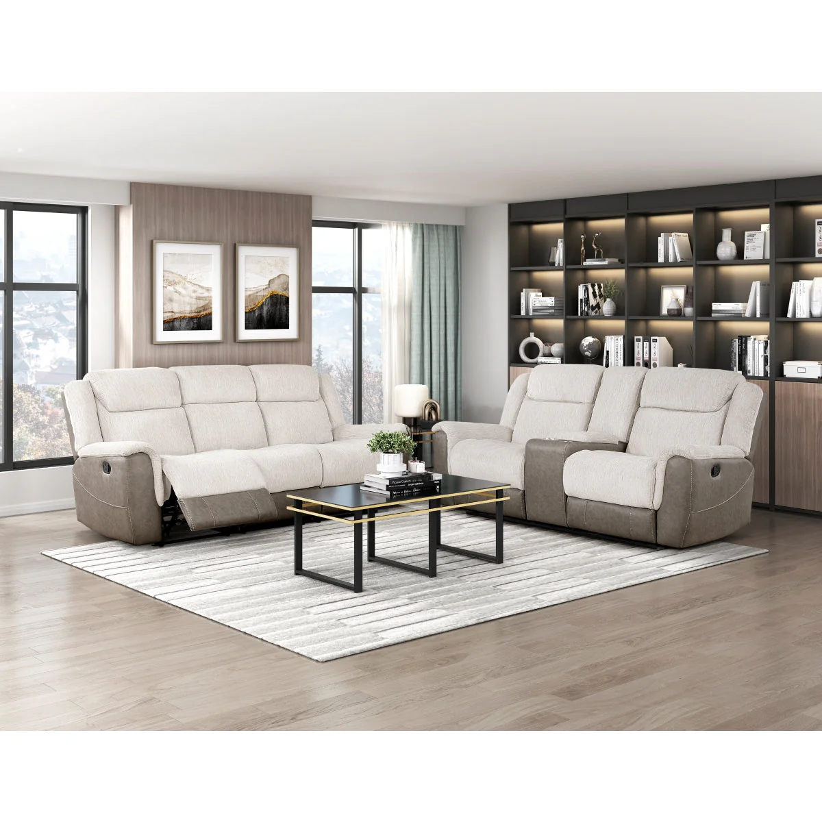 Harriette Beige/Brown Double Reclining Sofa - Image 2