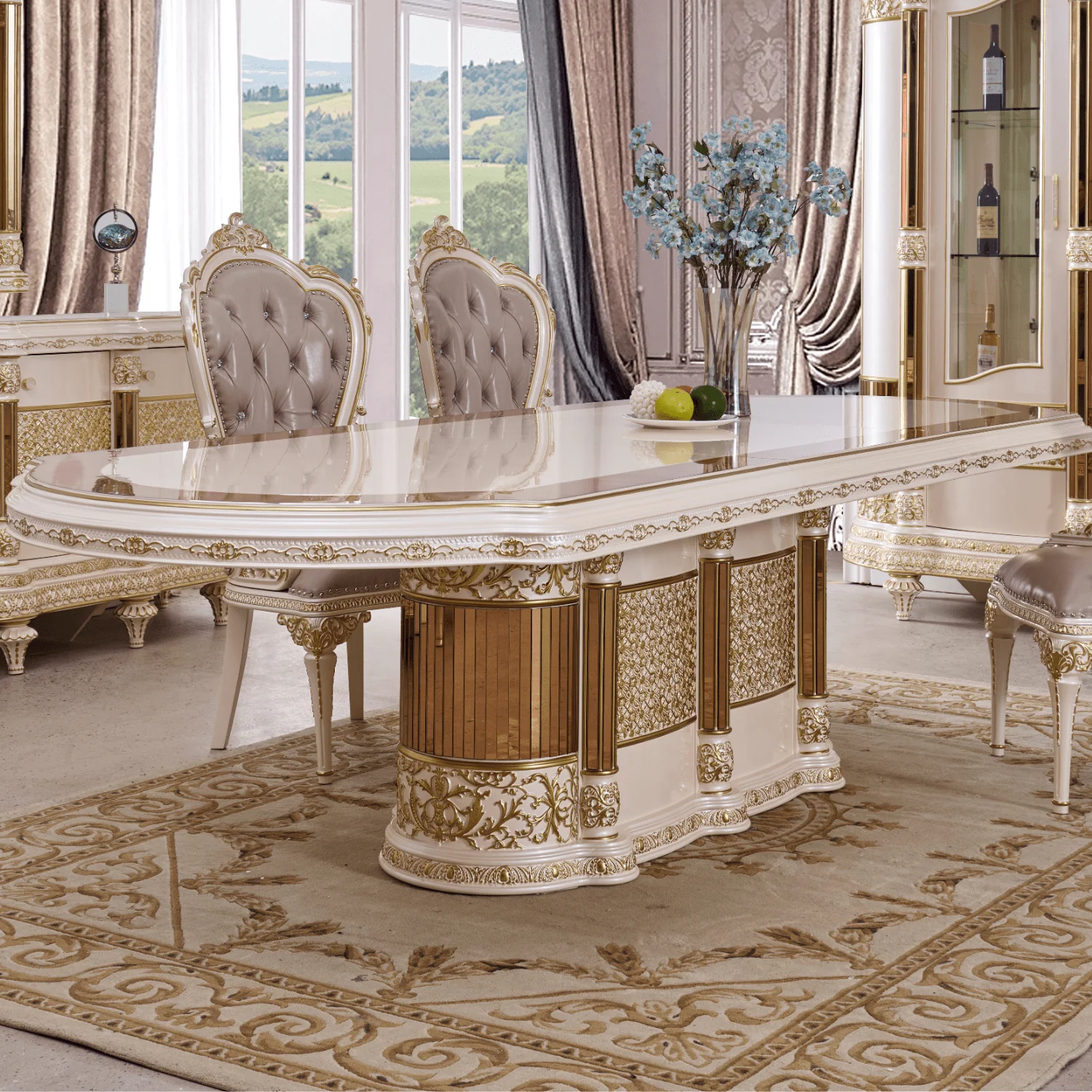 HD-9022 Antique Ivory/Cherry Inset/Gold Trim Dining Table