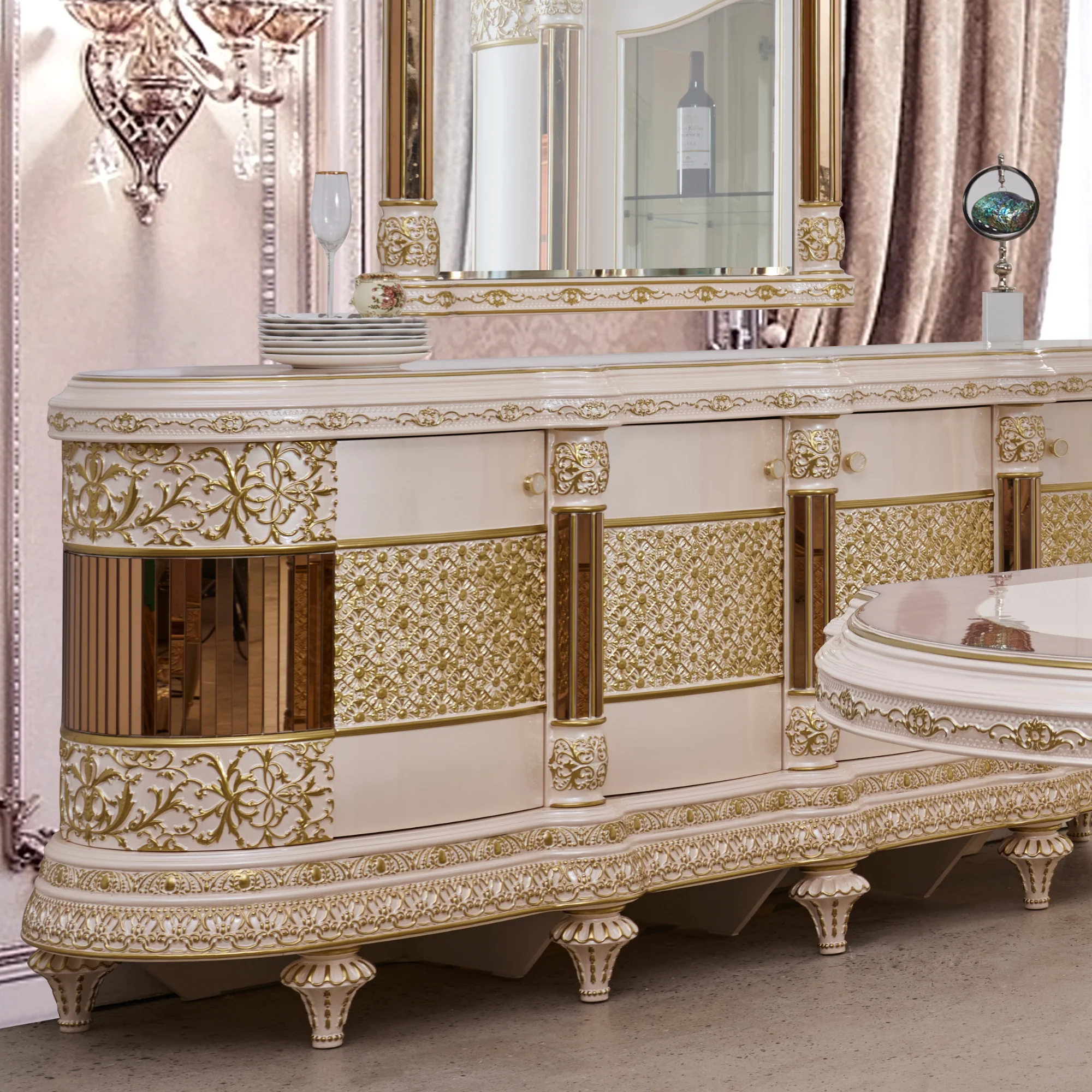 HD-9022 Antique Ivory/Cherry Inset/Gold Trim Dining Table - Image 4