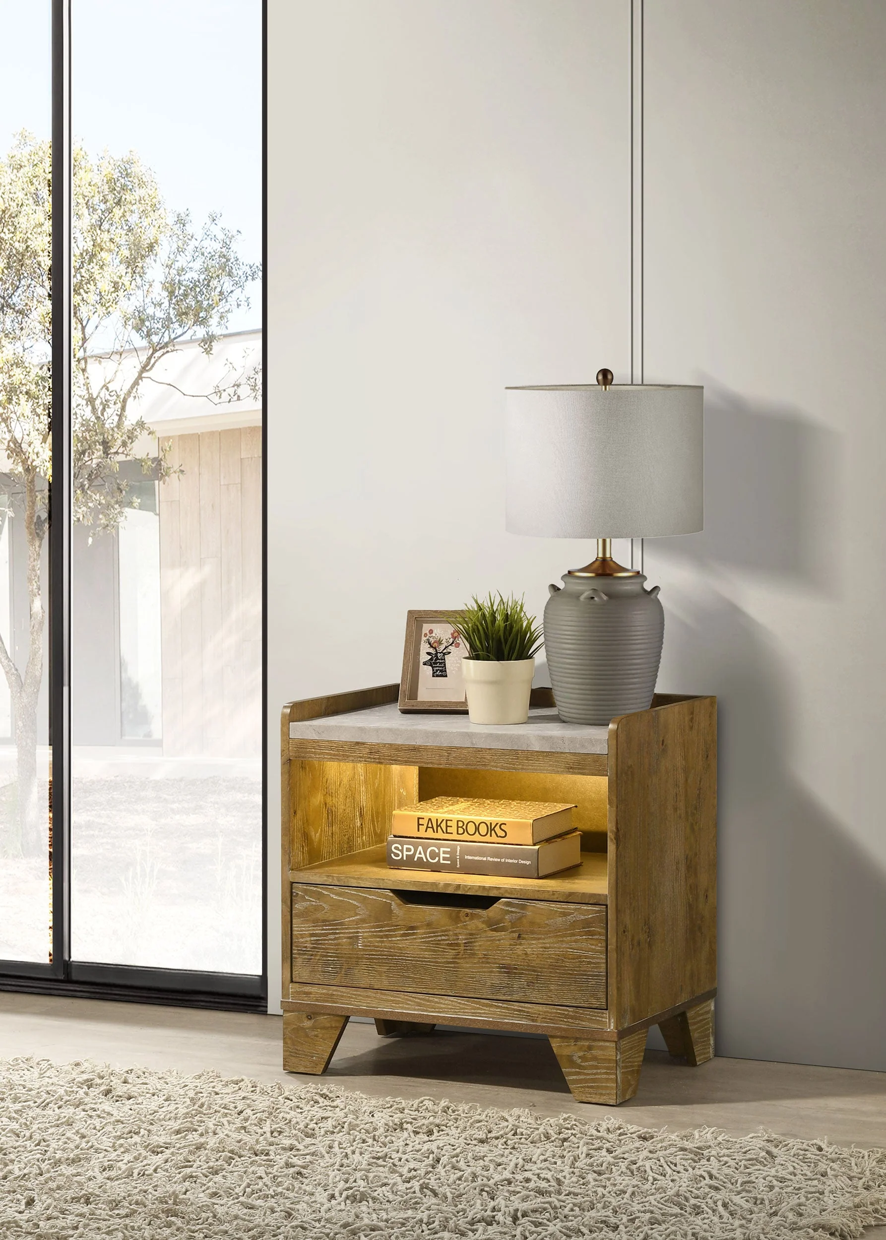 Henderson Medium Oak 1-drawer LED Nightstand Bedside Table