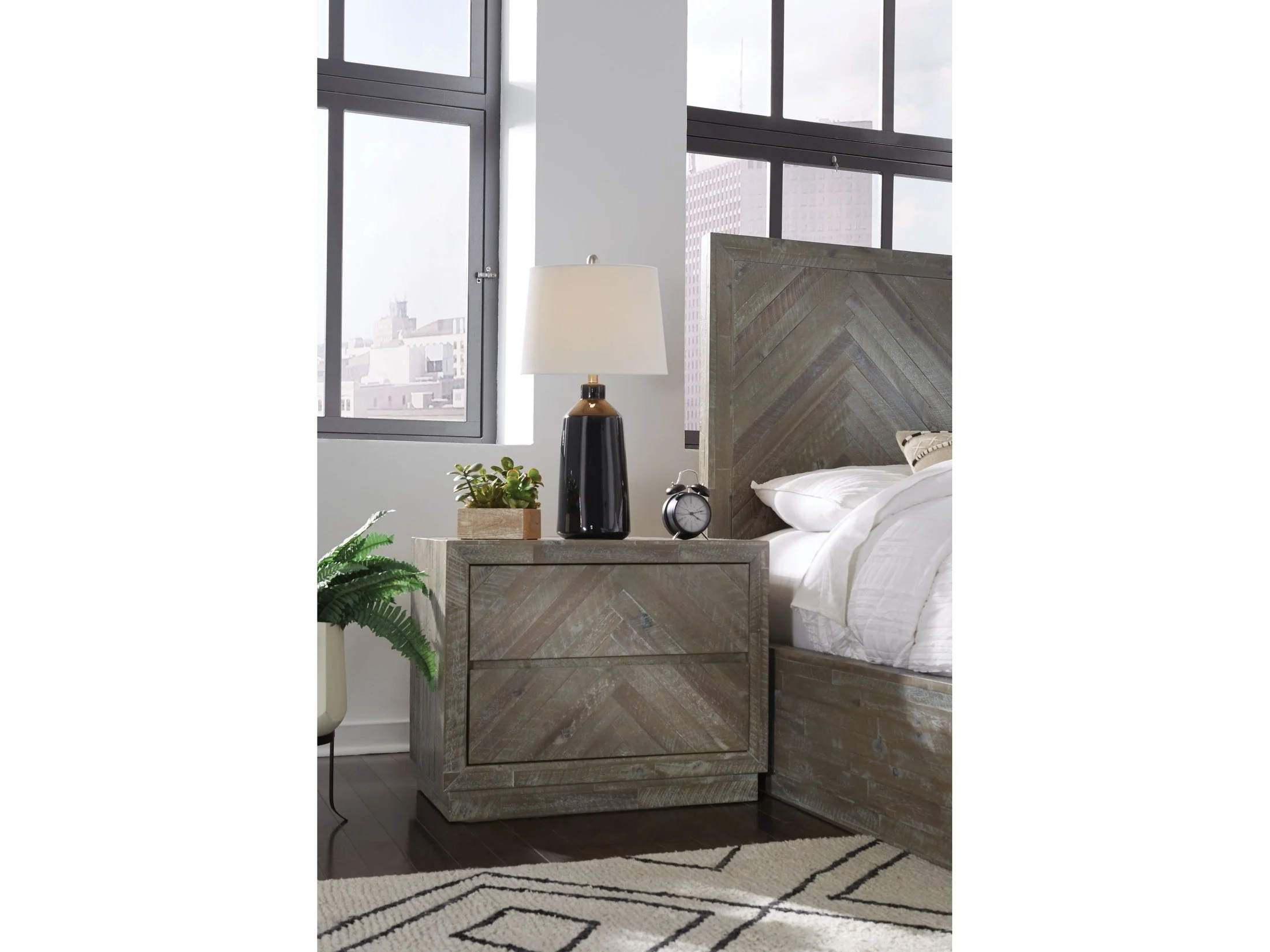 Herringbone Solid Wood Two Drawer Nightstand in Rustic Latte