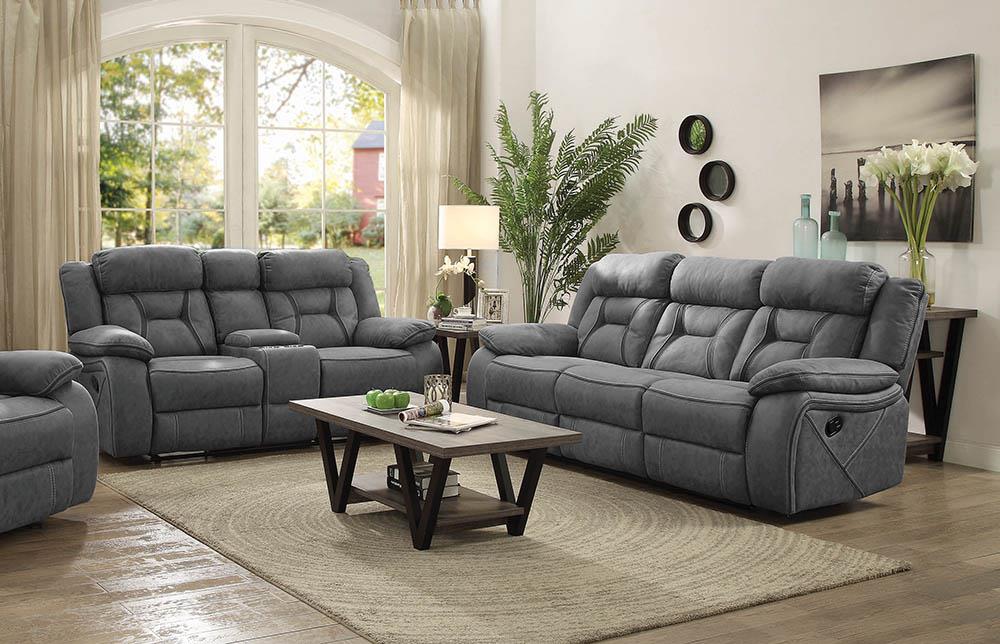 Higgins Gray Upholstered Tufted Reclining Living Room Set - Image 2