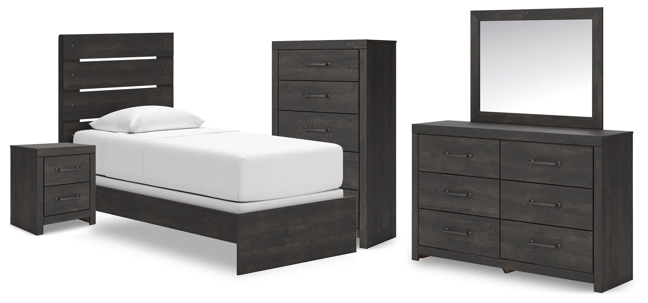 Hollivern Twin Panel Bed with Mirrored Dresser, Chest and Nightstand in Dark Gray
