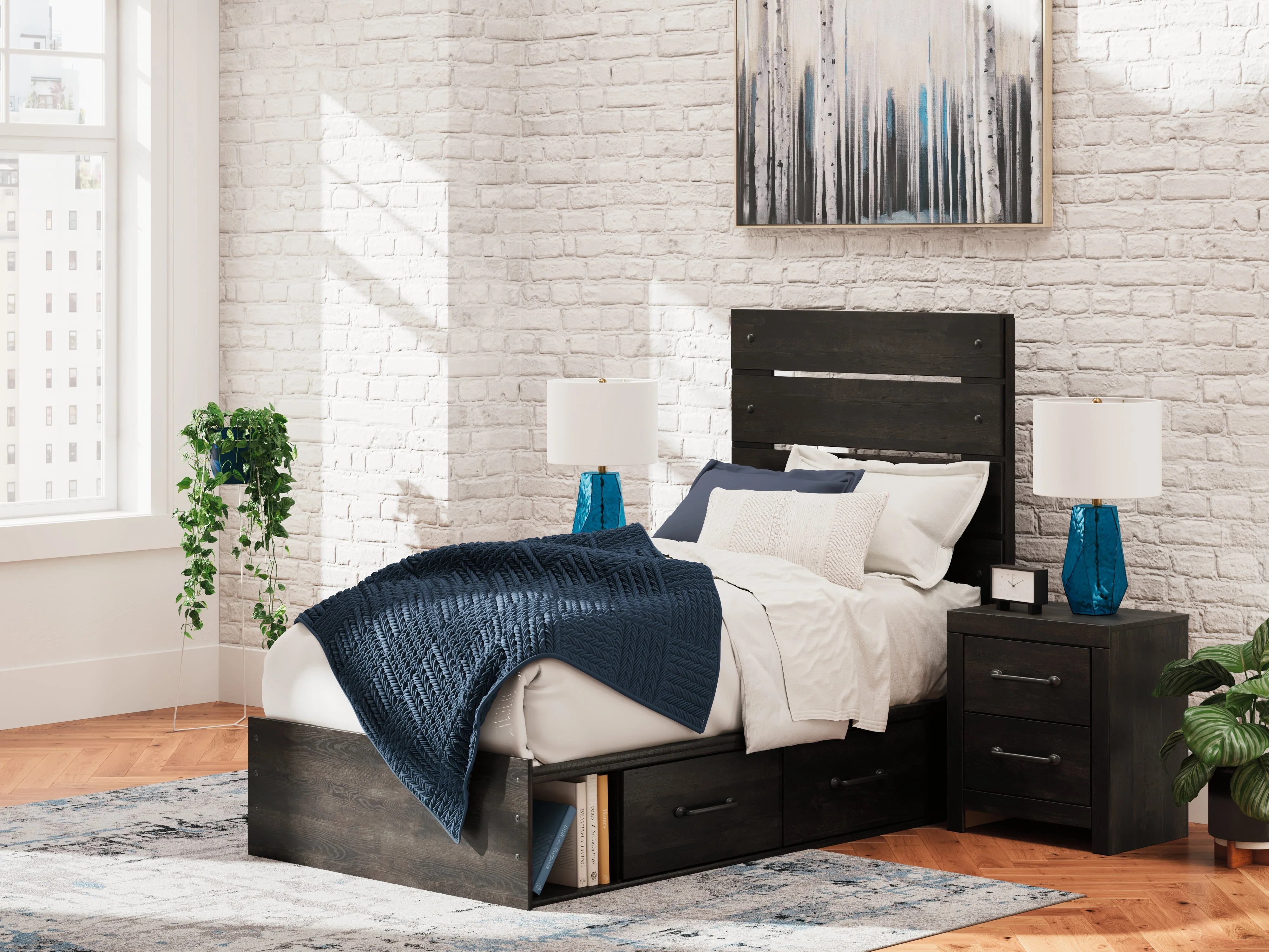 Hollivern Twin Panel Bed with Storage with Mirrored Dresser, Chest and 2 Nightstands in Dark Gray - Image 38
