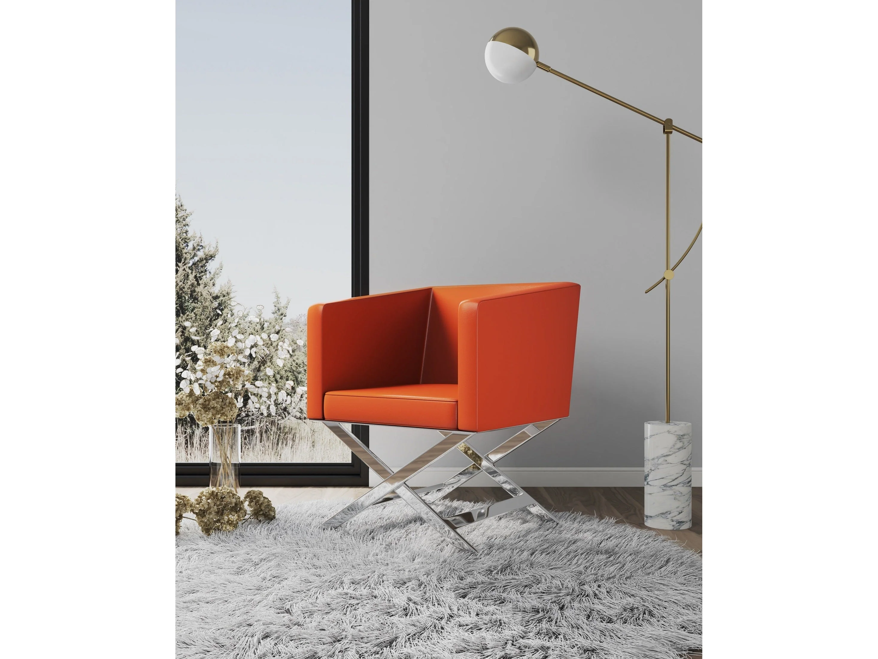 Hollywood Lounge Accent Chair in Orange and Polished Chrome (set of 2)