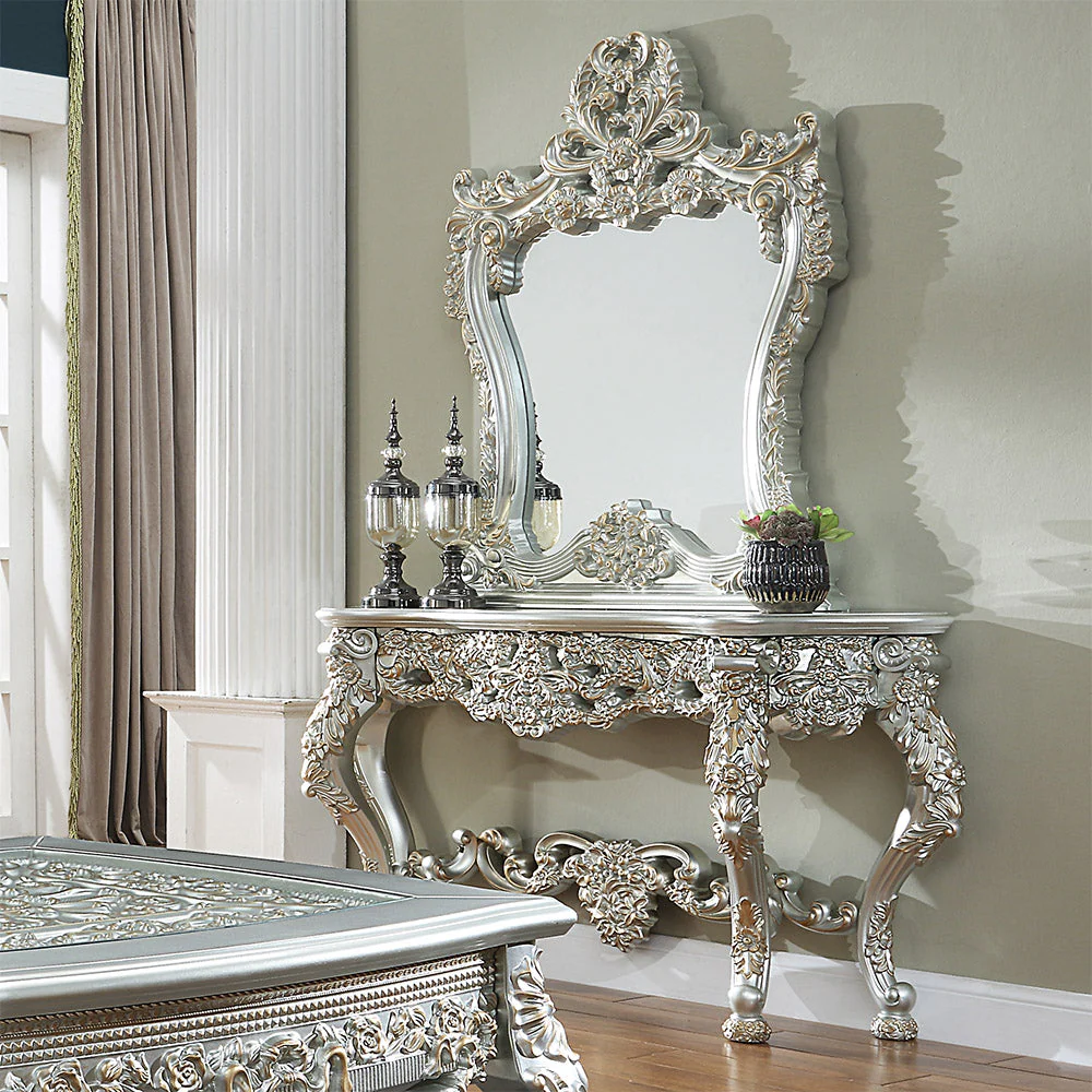 Homey Design HD-905 Belle Silver Metallic Antique Gold Highlights Side Console Mirror - Image 2
