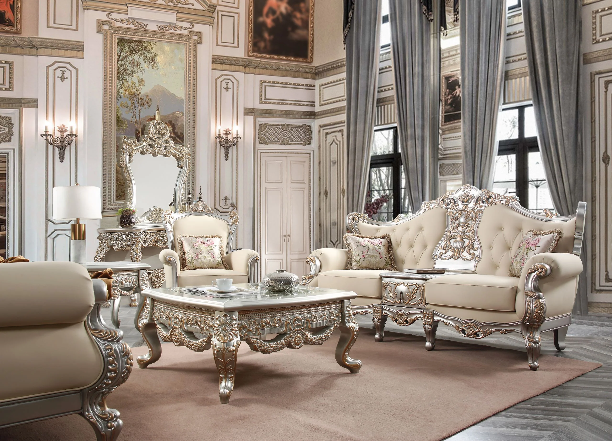 Homey Design HD-91633 Metallic Silver with Antique Gold Highlights 3-Piece French Salon Set