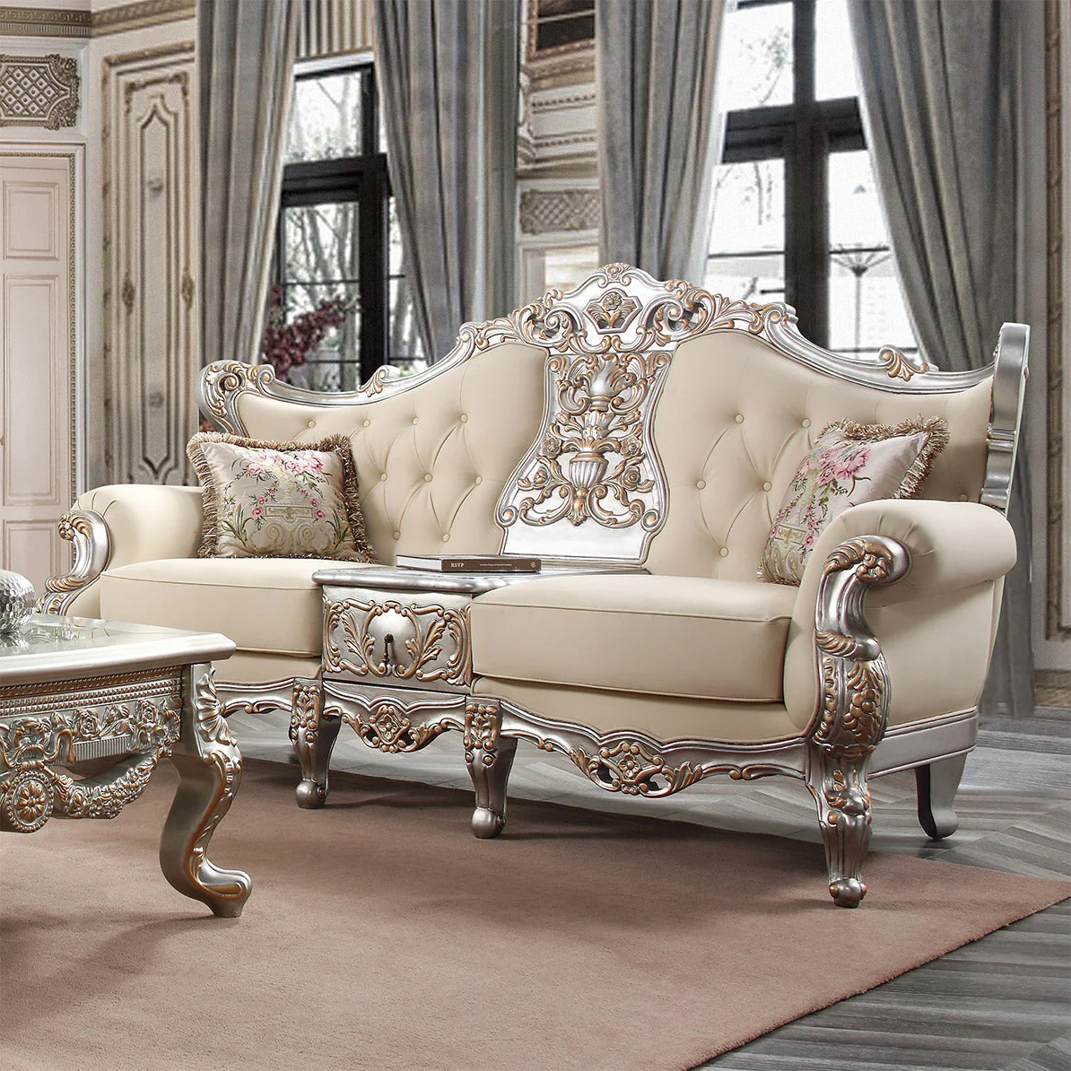 Homey Design HD-91633 Metallic Silver with Antique Gold Highlights 3-Piece French Salon Set - Image 3