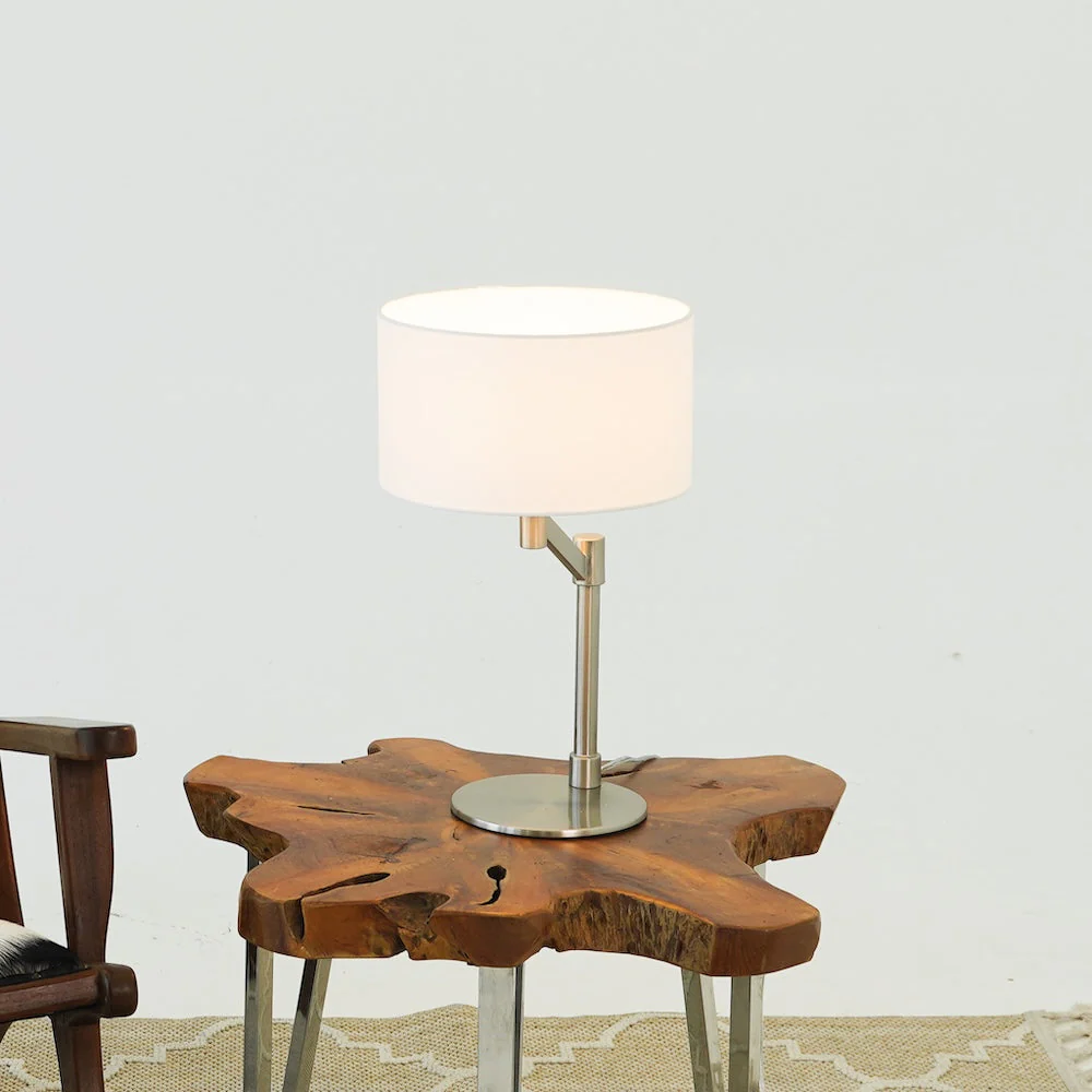 Horizon Brushed Nickel Table Lamp with On/Off Switch Curved Metal Base Linen Shade - Image 4