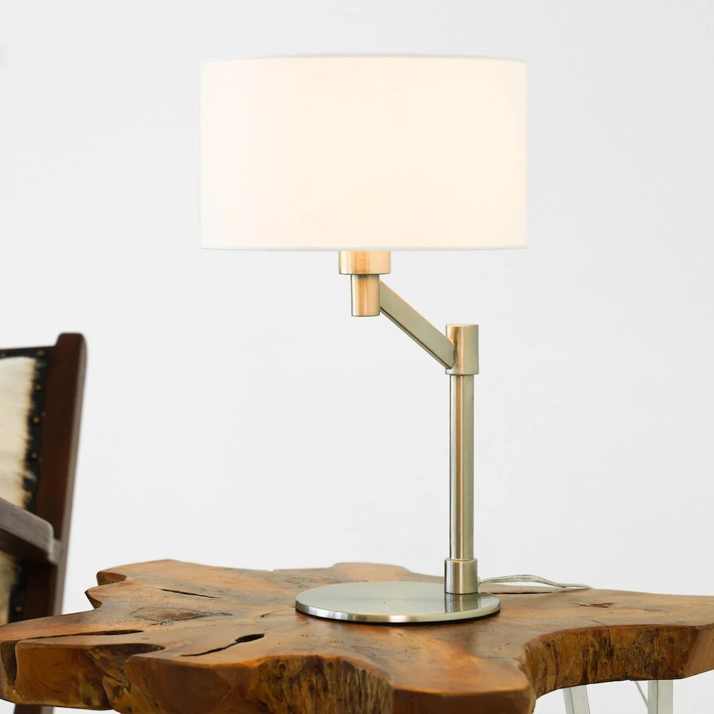Horizon Brushed Nickel Table Lamp with On/Off Switch Curved Metal Base Linen Shade - Image 6