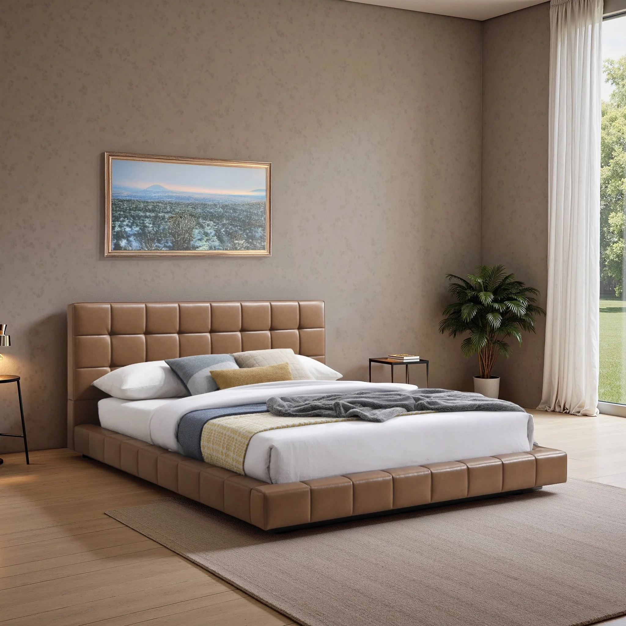 Hudson Tan Vegan Leather Upholstered Queen Platform Bed - Image 2