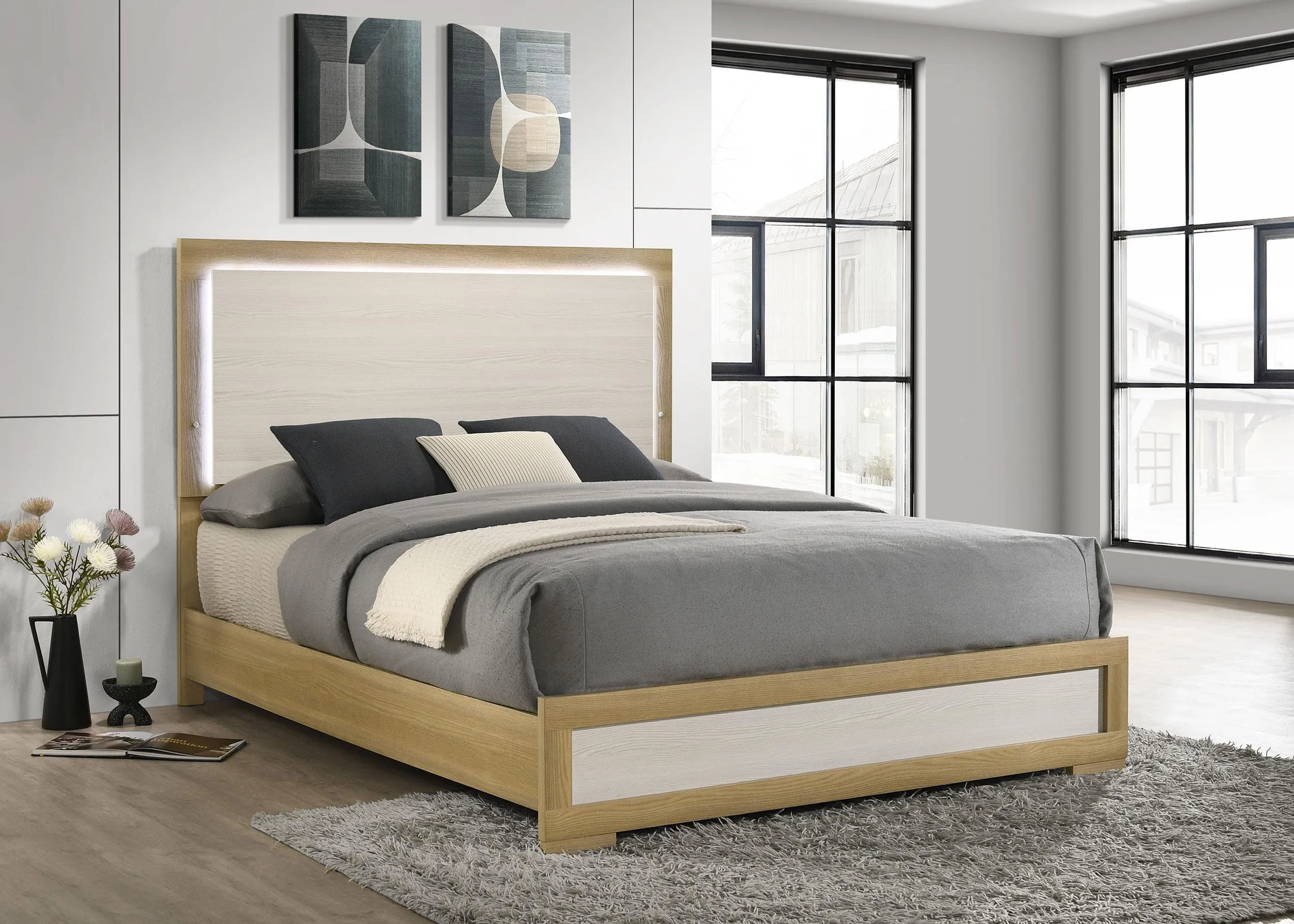 Hyland Natural and White Wood Queen LED Panel Bed