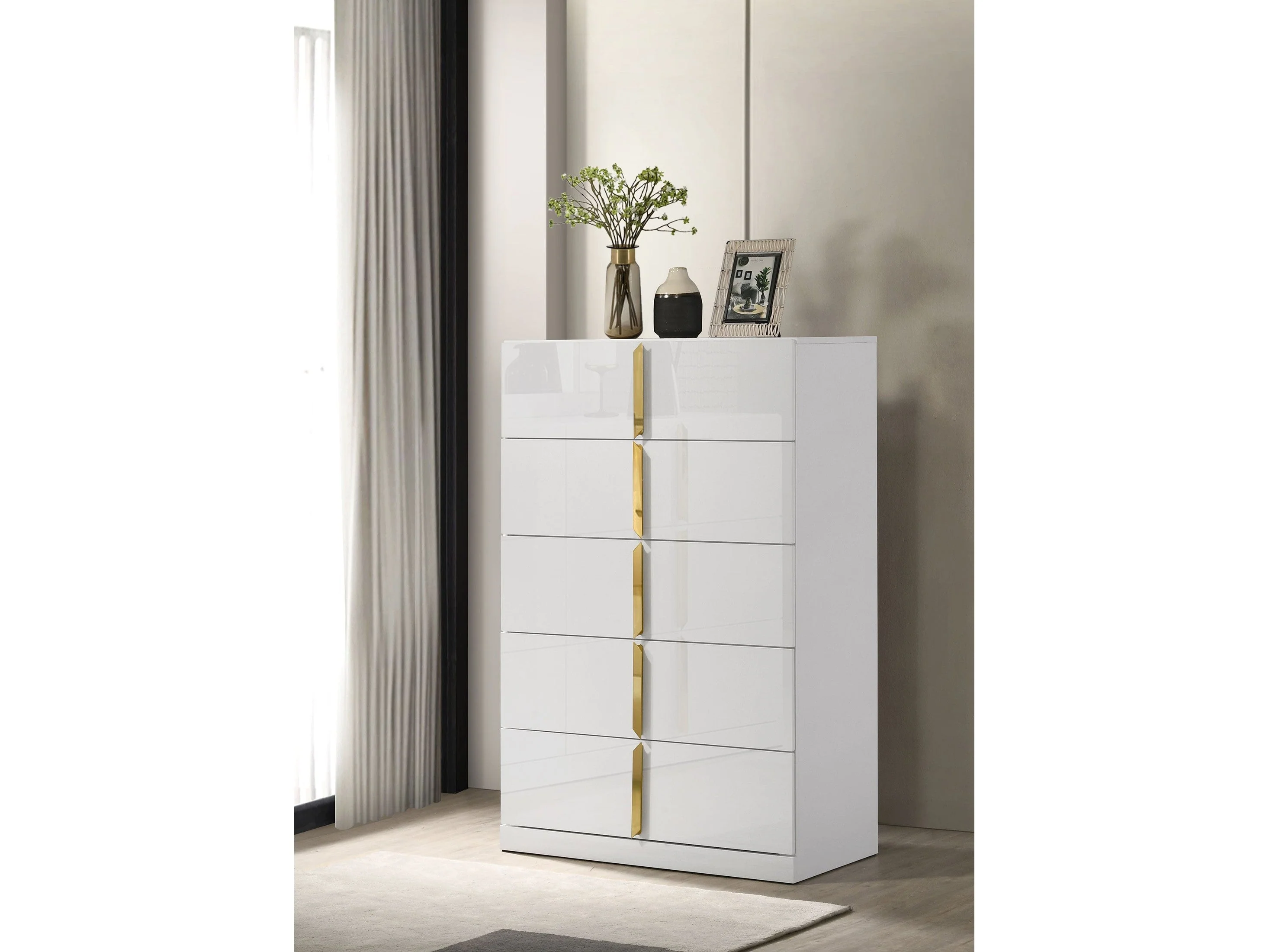 Ines White High Gloss 5-drawer Bedroom Chest of Drawers