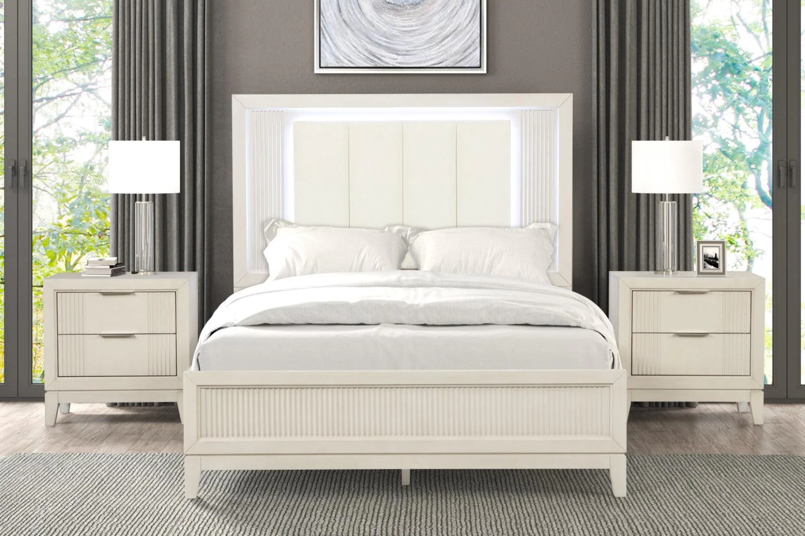 Isadore Antique White LED King Panel Bed