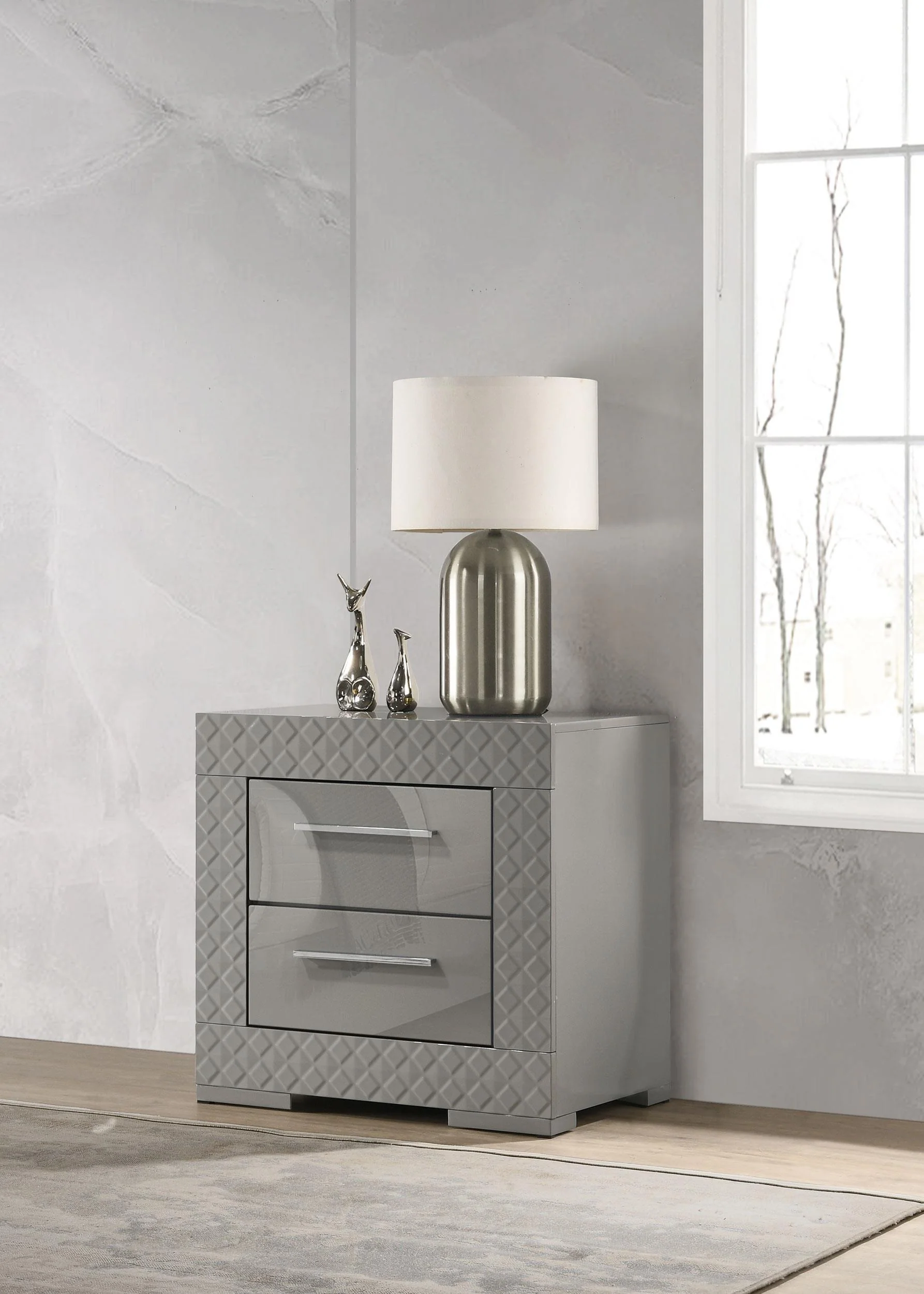 Ives Grey High Gloss 2-drawer Nightstand Bedside Table