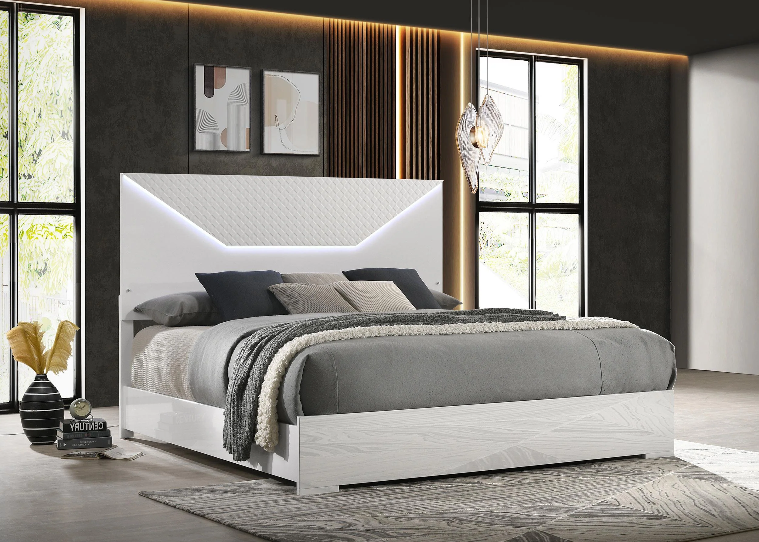 Ives White High Gloss Queen Panel Bed LED Headboard