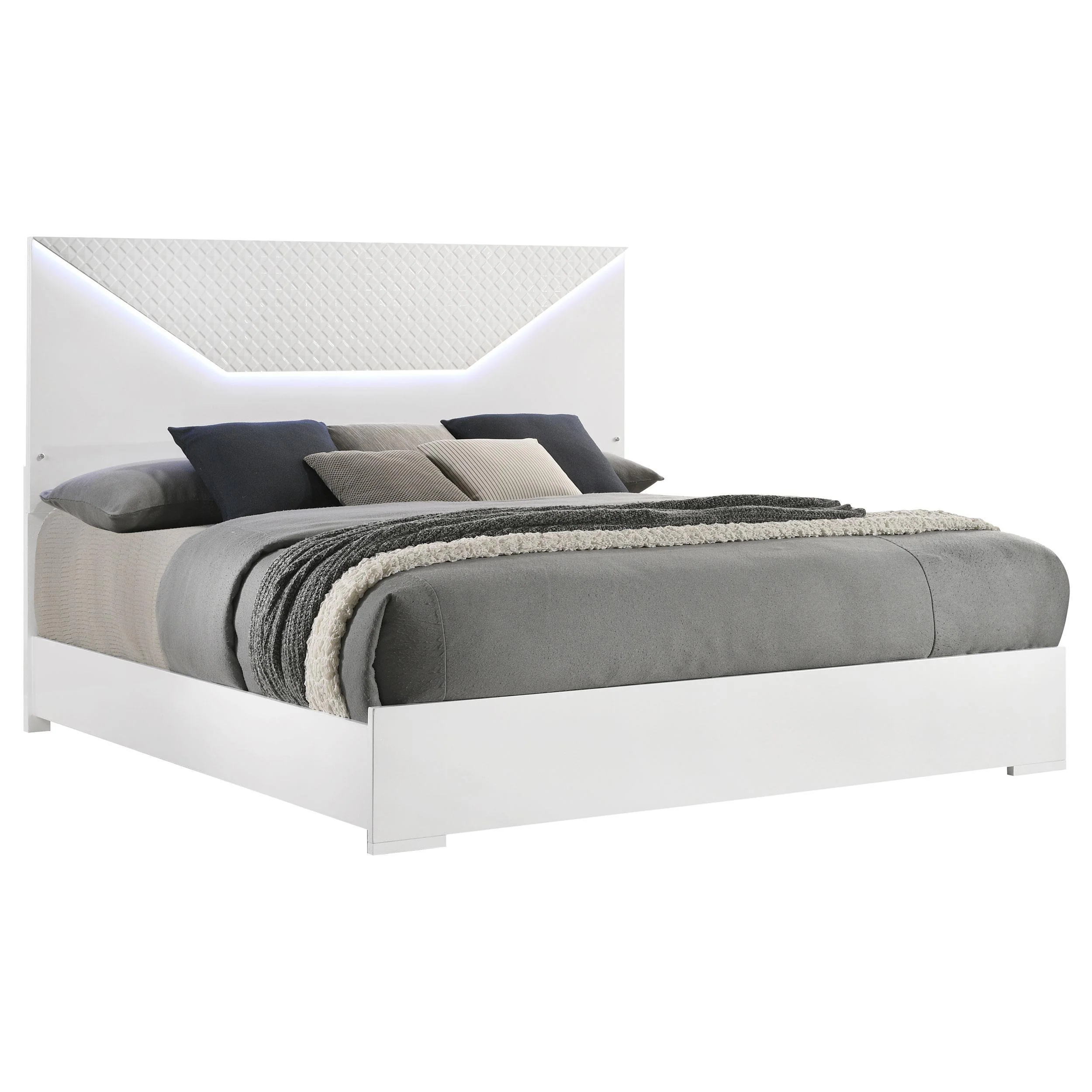 Ives White High Gloss Queen Panel Bed LED Headboard - Image 2