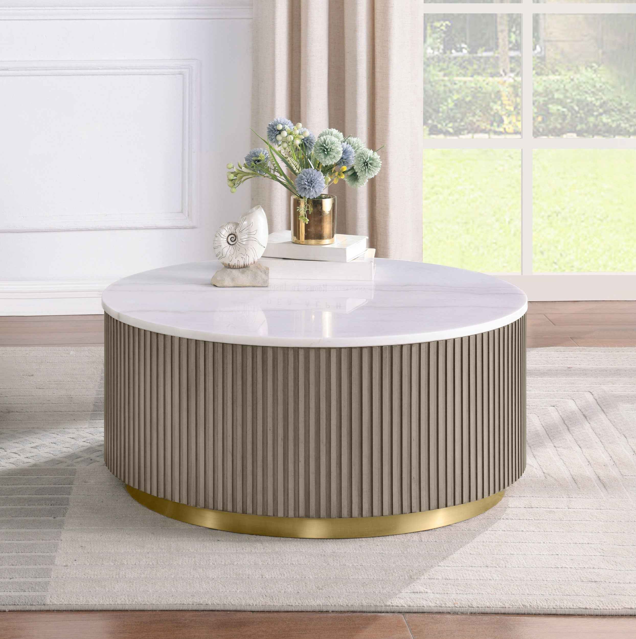 Jason Greige Round White Marble Top Coffee Table