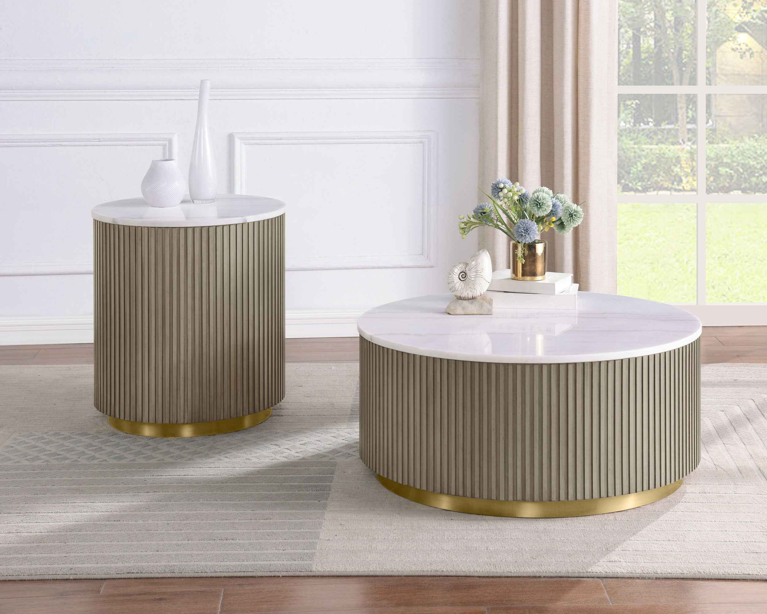 Jason Greige Round White Marble Top Coffee Table - Image 7