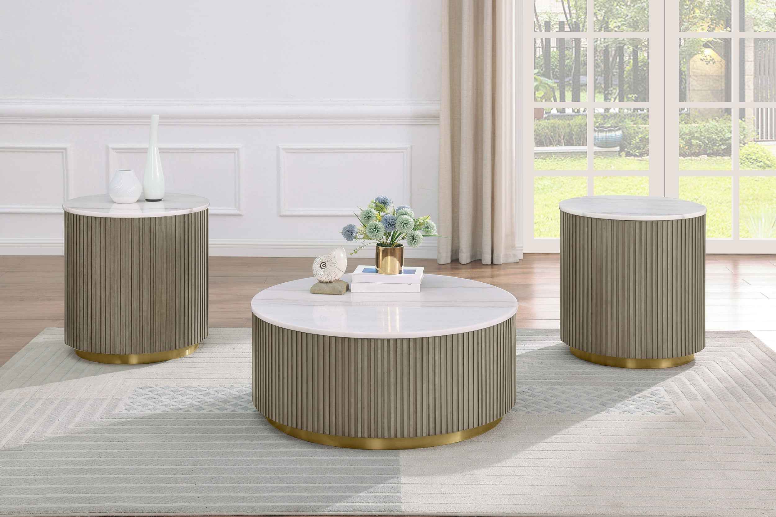 Jason Greige Round White Marble Top Coffee Table - Image 8