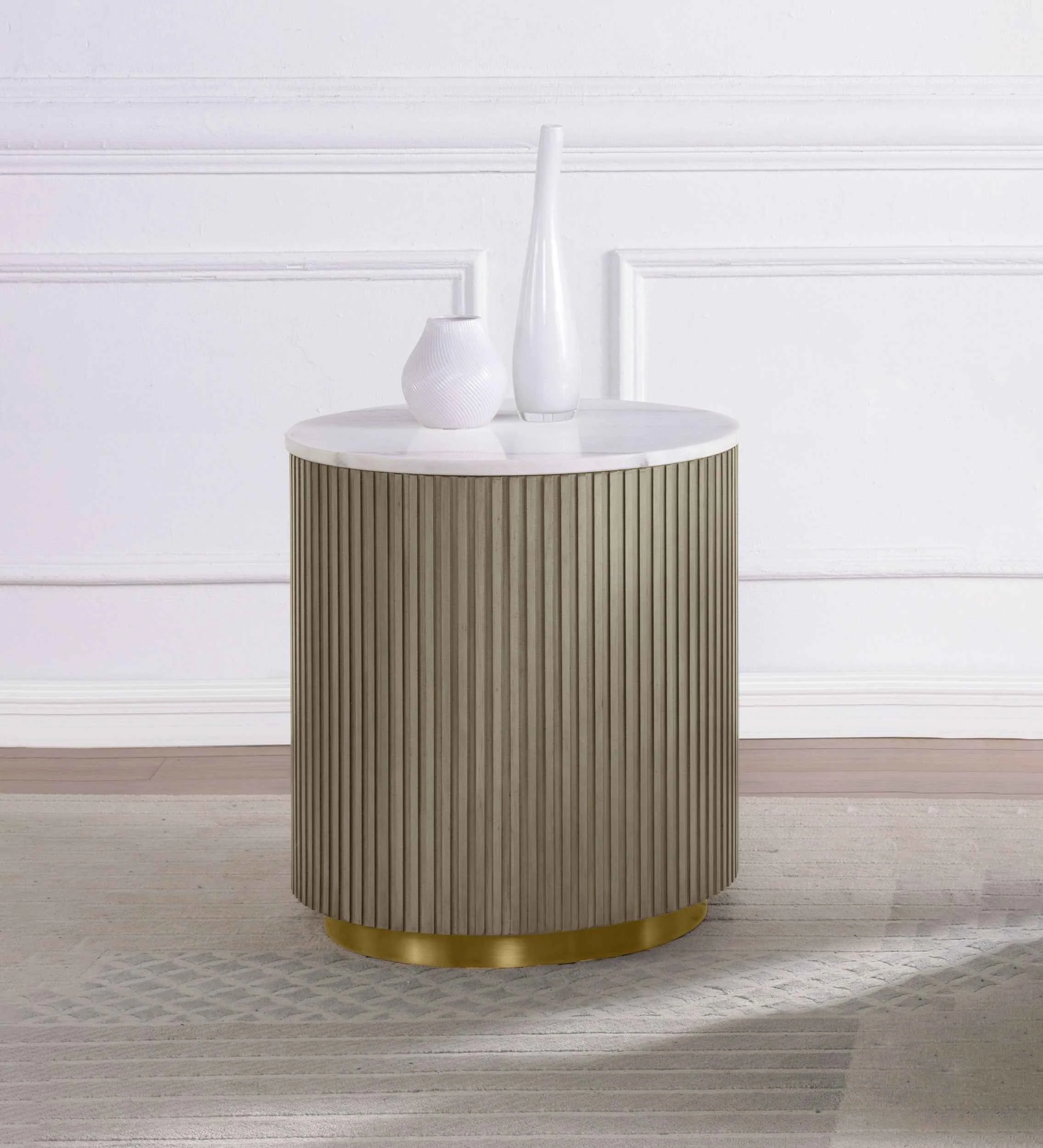 Jason Greige Round White Marble Top Side End Table