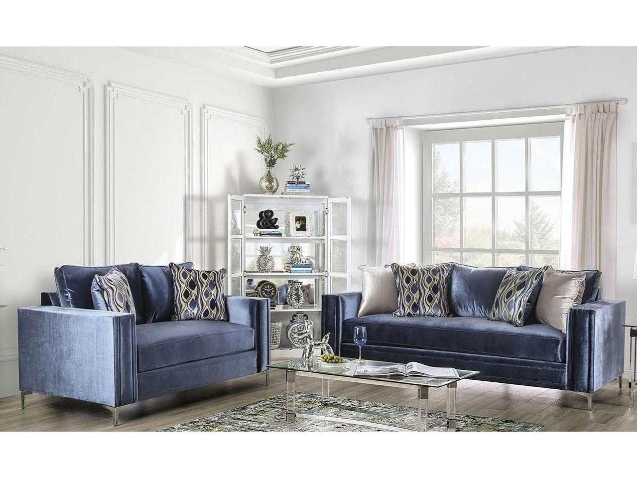 Jodie Satin Blue & Silver Stationary Sofa & Loveseat