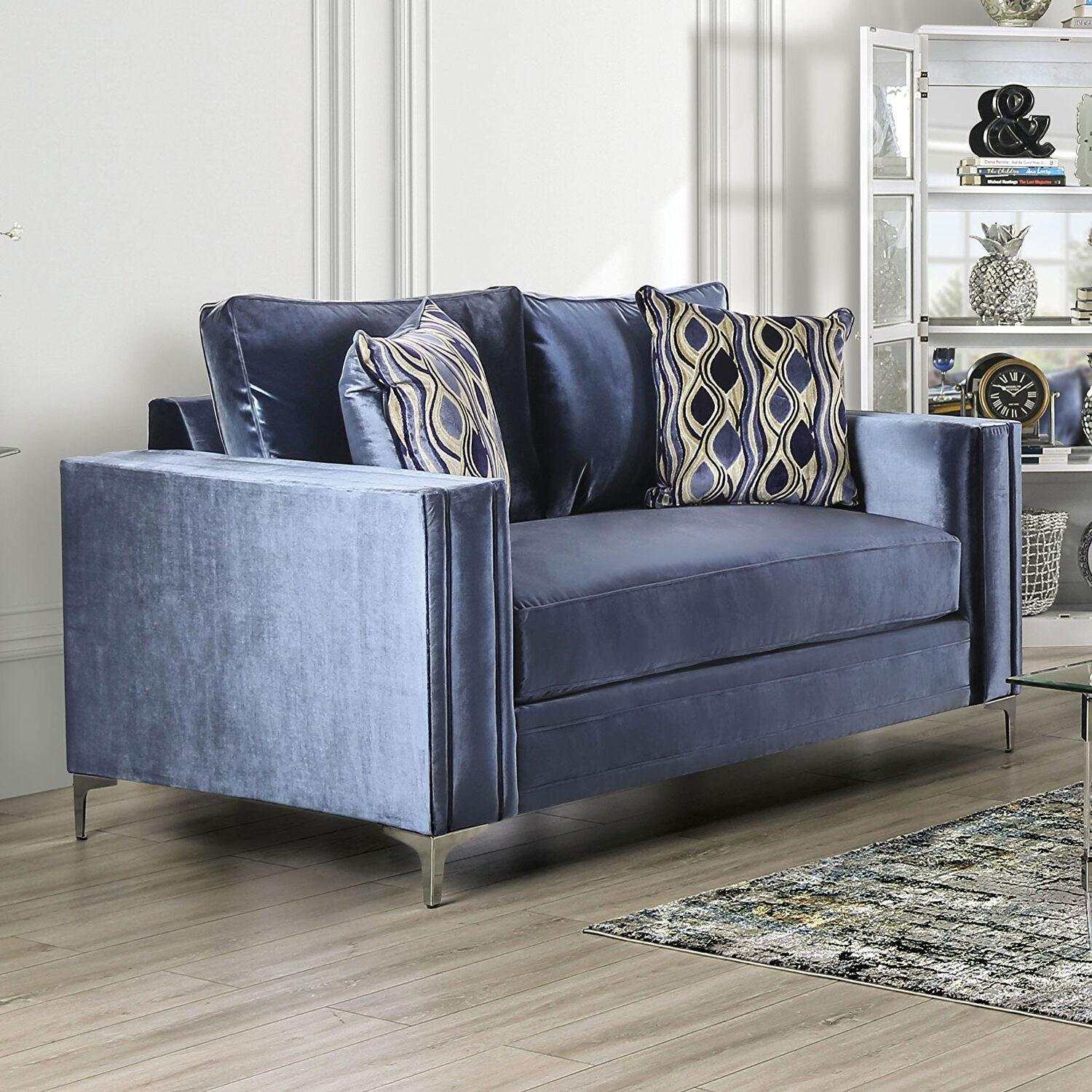 Jodie Satin Blue & Silver Stationary Sofa & Loveseat - Image 3