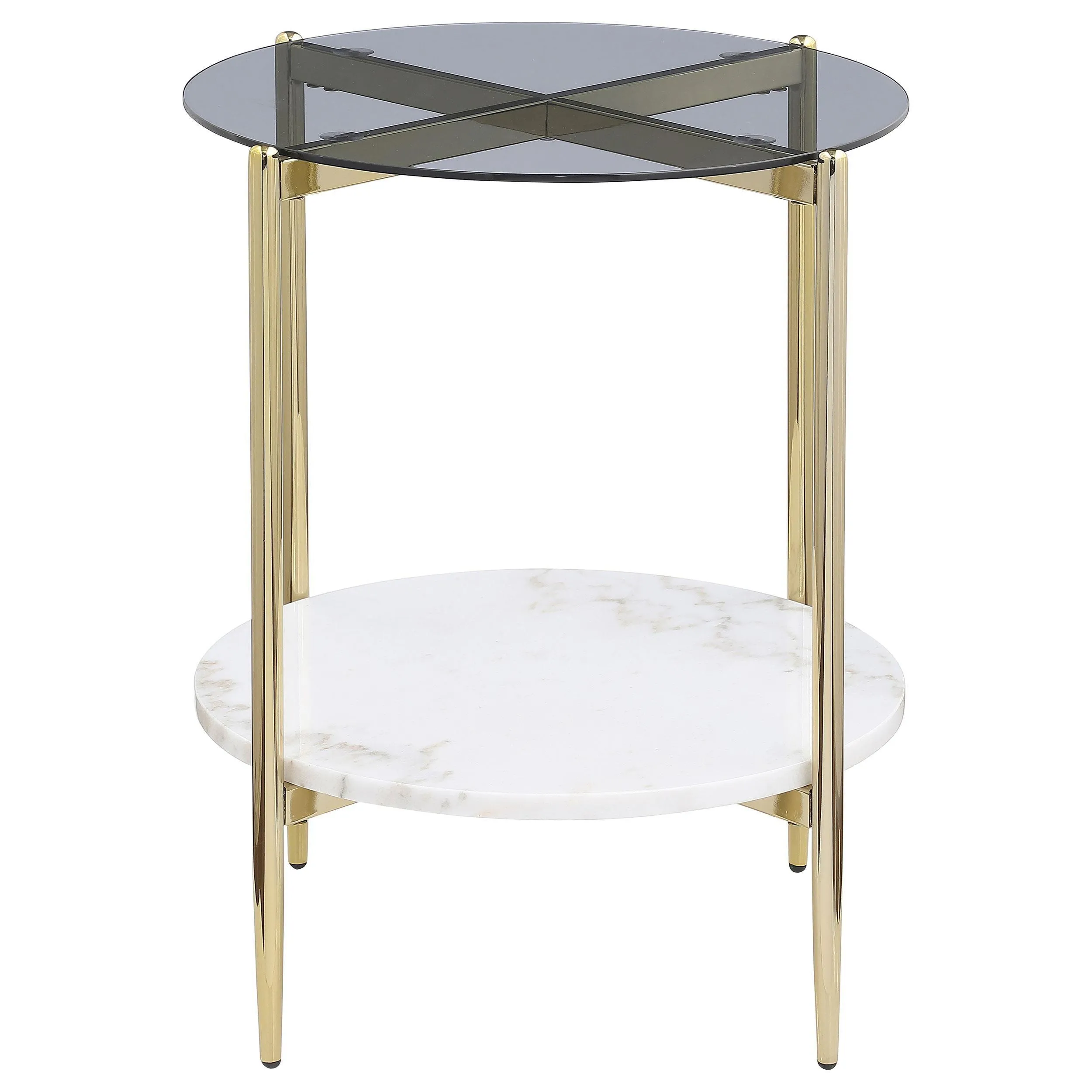Jonelle Gold Round Glass Top End Table White Marble Shelf - Image 2