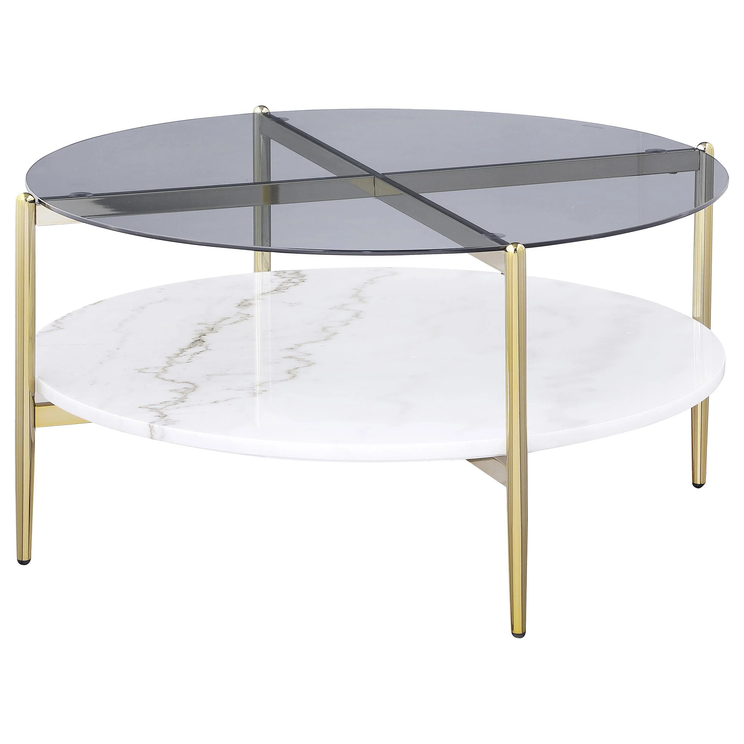 Jonelle Round Glass Top Coffee Table White Marble Shelf Gold - Image 3