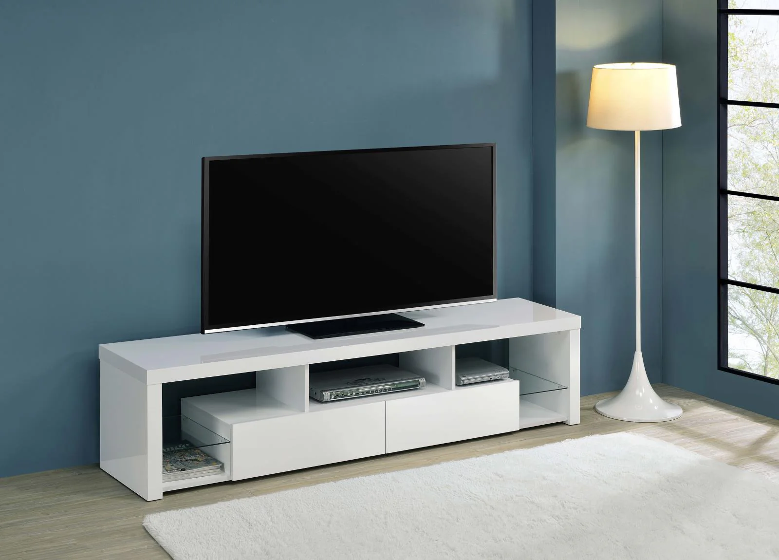 Jude White High Gloss 2-drawer 71" TV Stand With Shelving