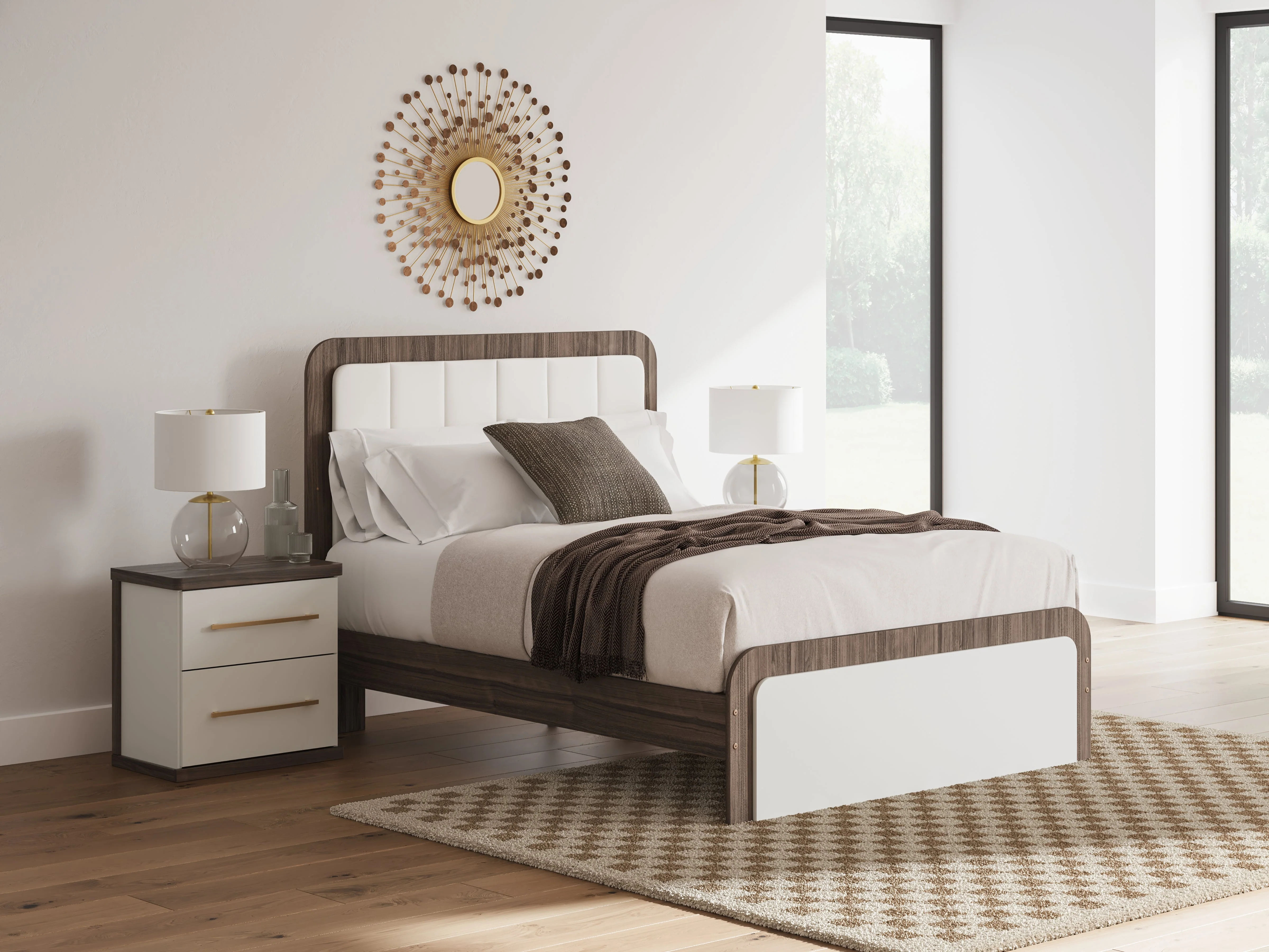 Kendanport White/Brown Queen Upholstered Bed, Dresser, Mirror and Nightstand - Image 28