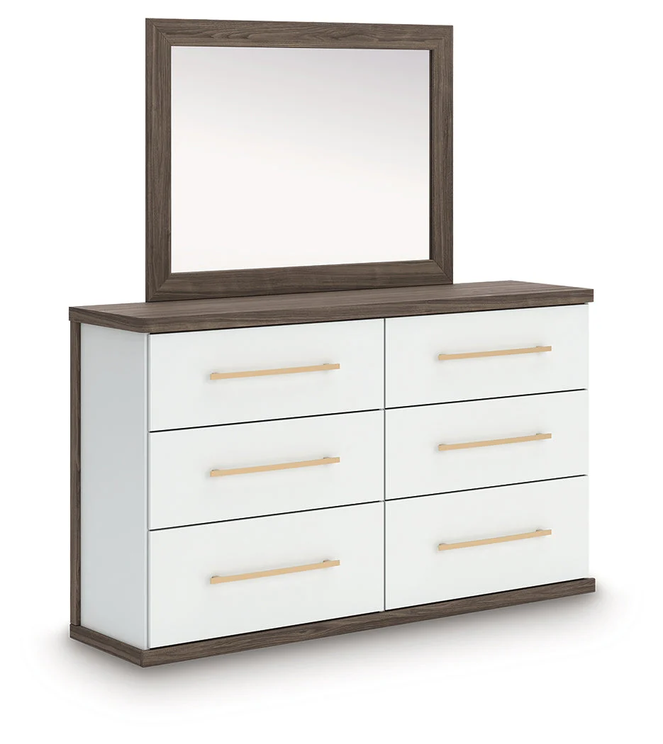 Kendanport White/Brown Queen Upholstered Bed, Dresser, Mirror and Nightstand - Image 3