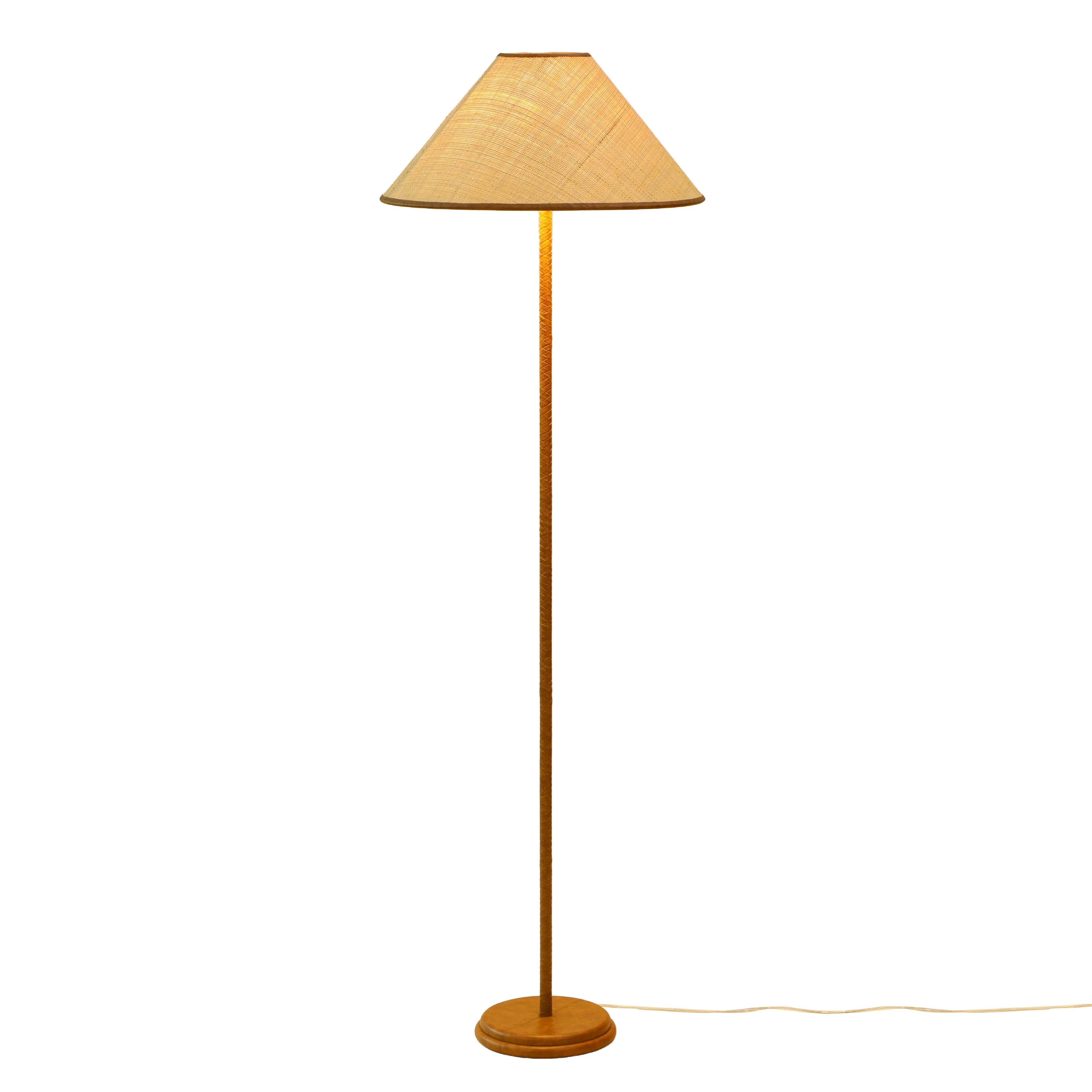 Keria Natural Vegan Leather and Raffia Designer Floor Lamp - Image 3