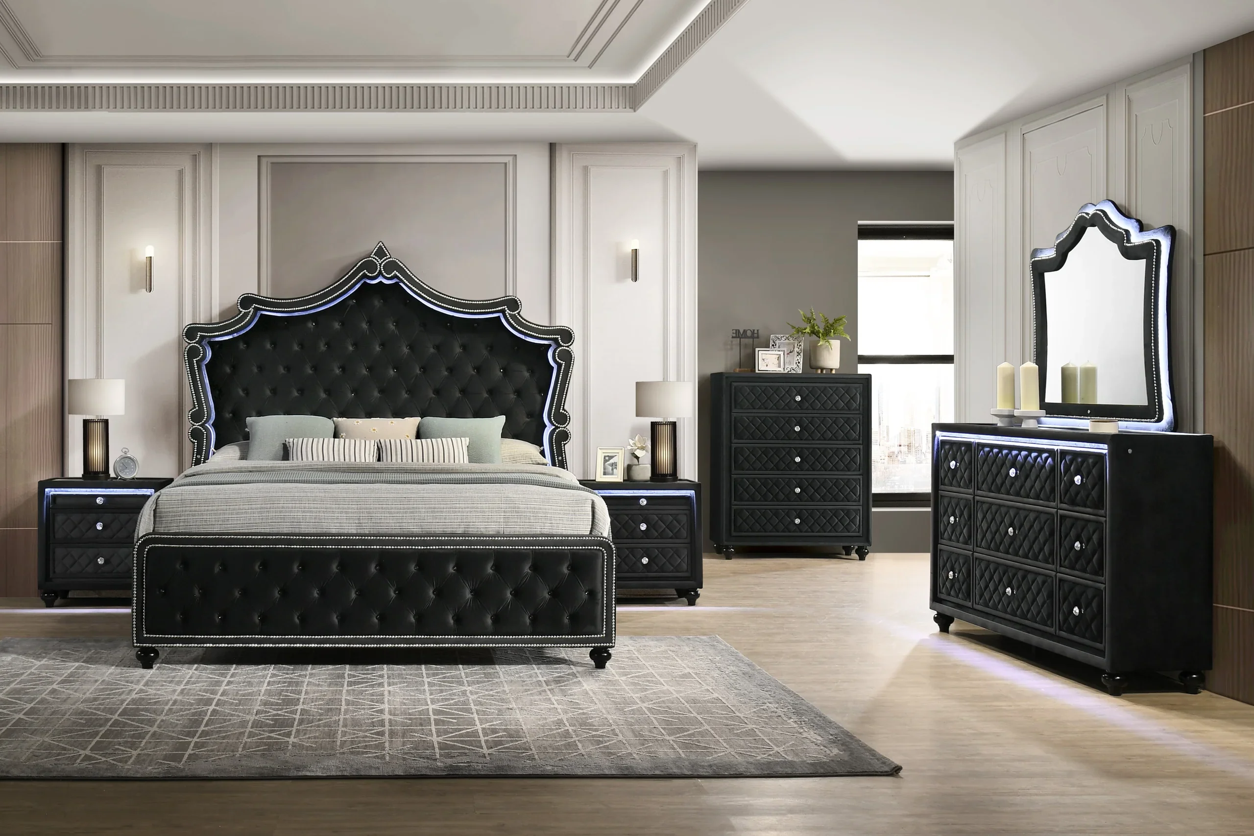 Kingdom Black Velvet Panel Bedroom Set