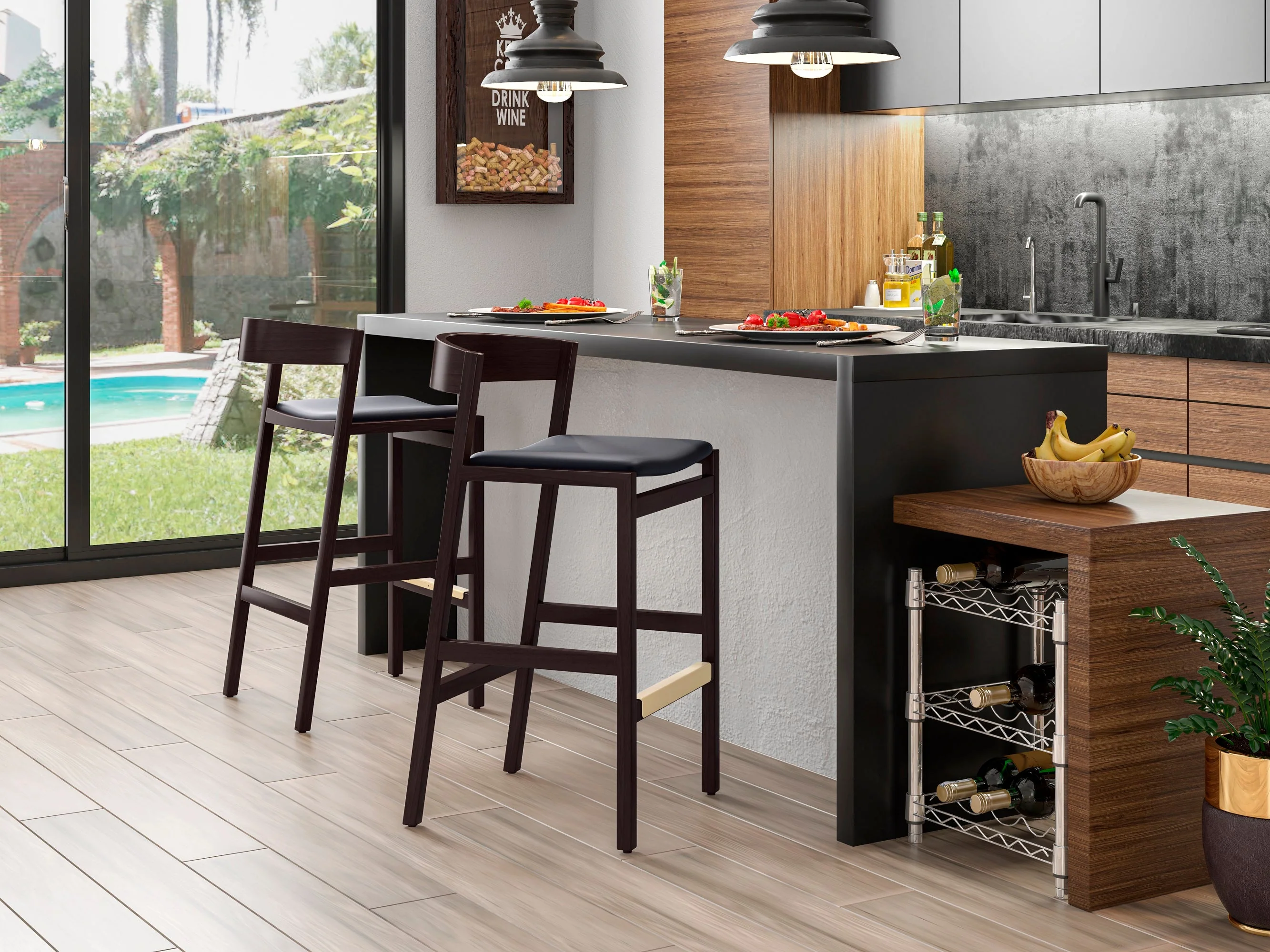 Klismos Barstool in Black and Dark Walnut (set of 2) - Image 2