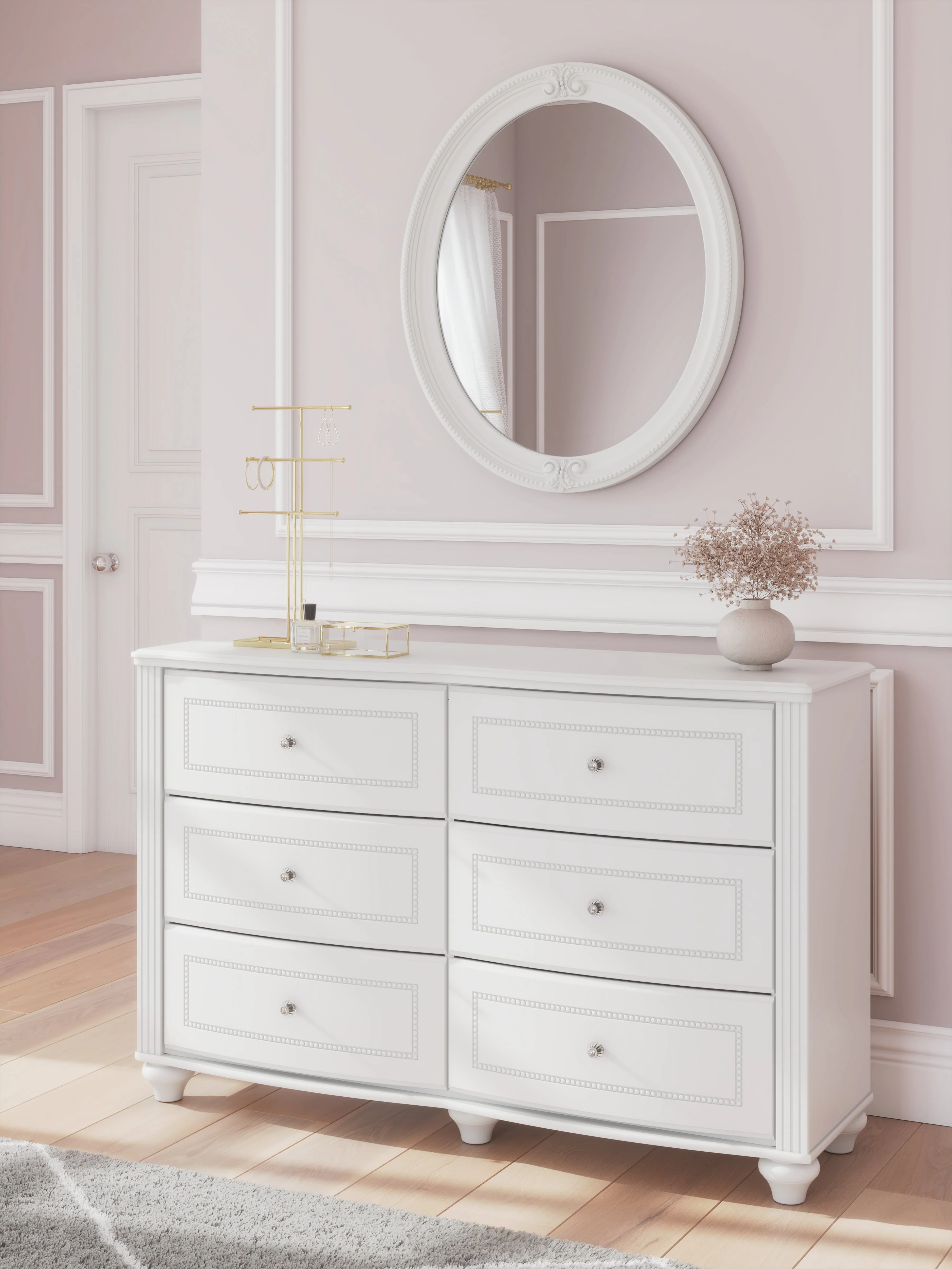 Kozlani White Full Upholstered Panel Bed, Dresser and Mirror - Image 15