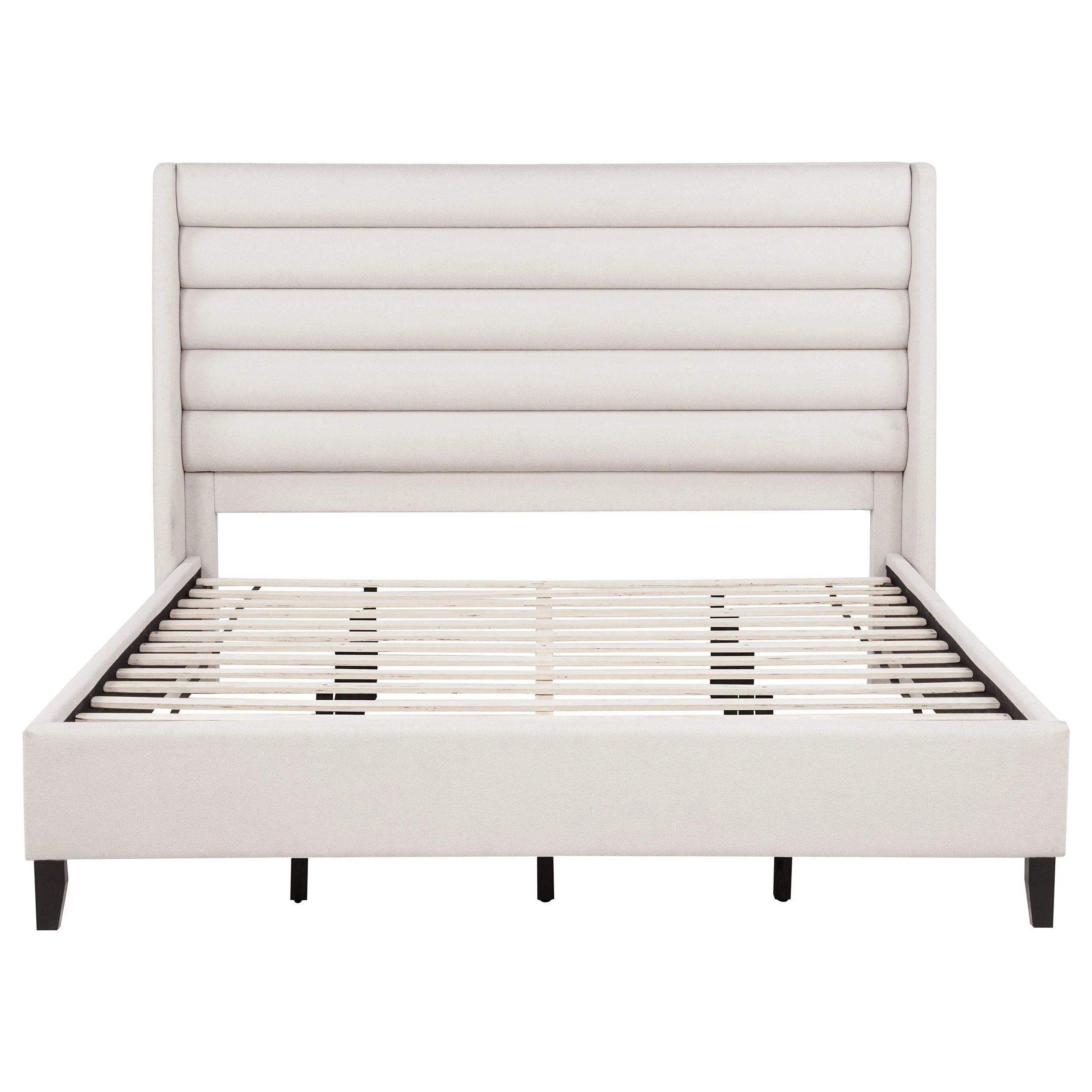 Leslie Beige Upholstered Tufted Eastern King Wingback Platform Bed - Image 2