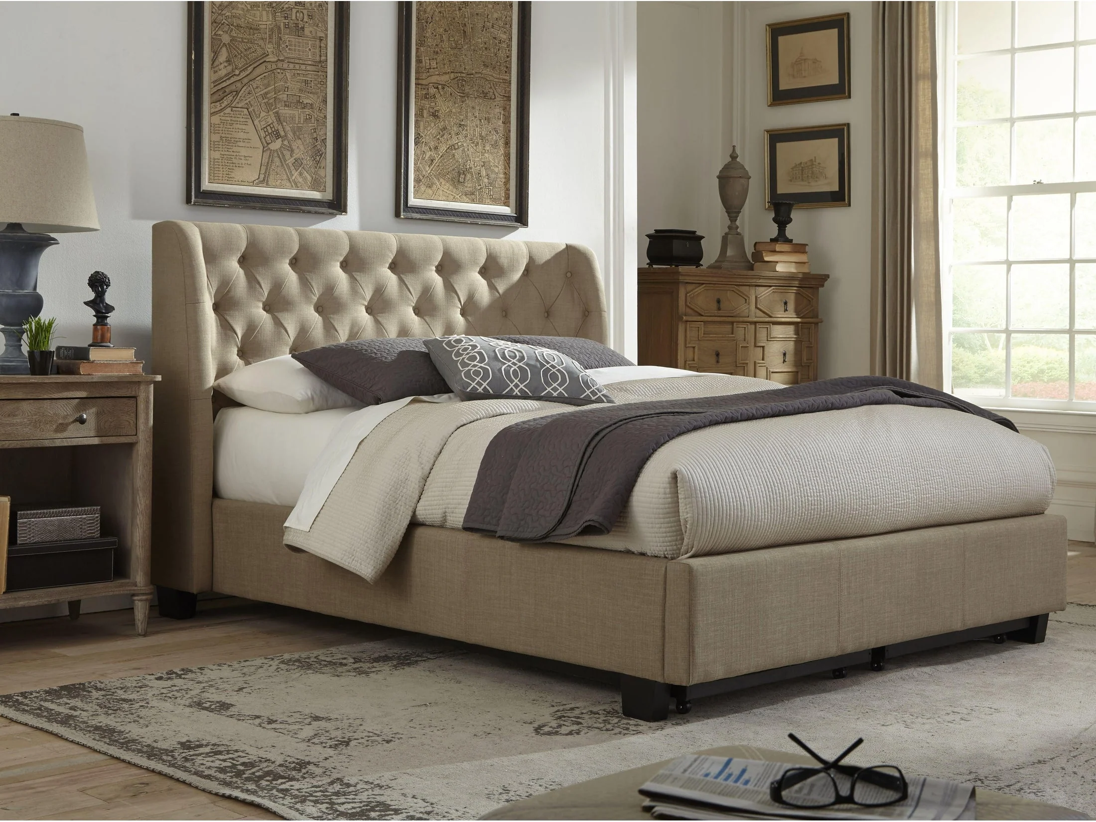 Levi Tufted Platform Bed in Toast Linen
