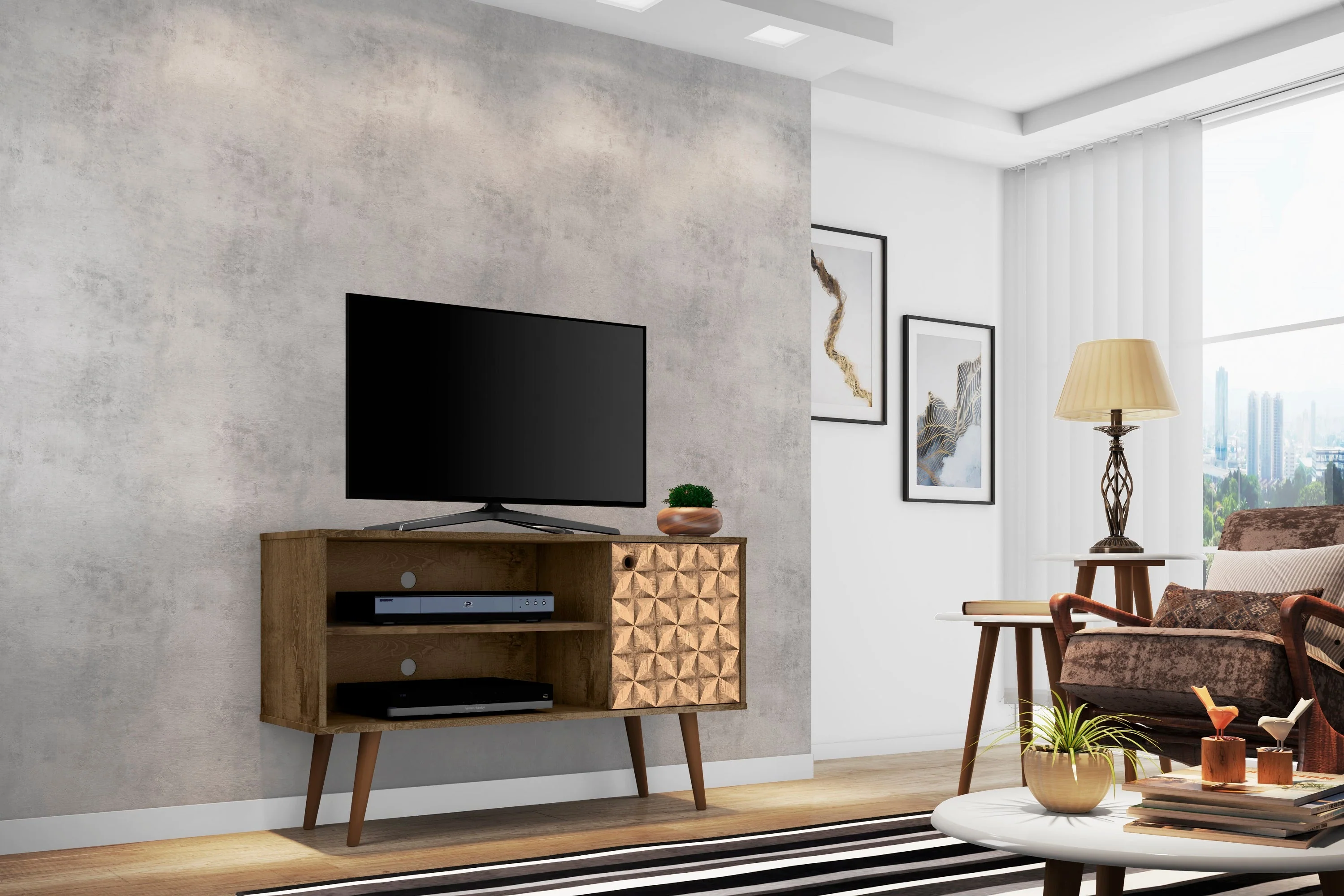 Liberty 42.52 TV Stand in Rustic Brown and 3D Brown Prints - Image 2
